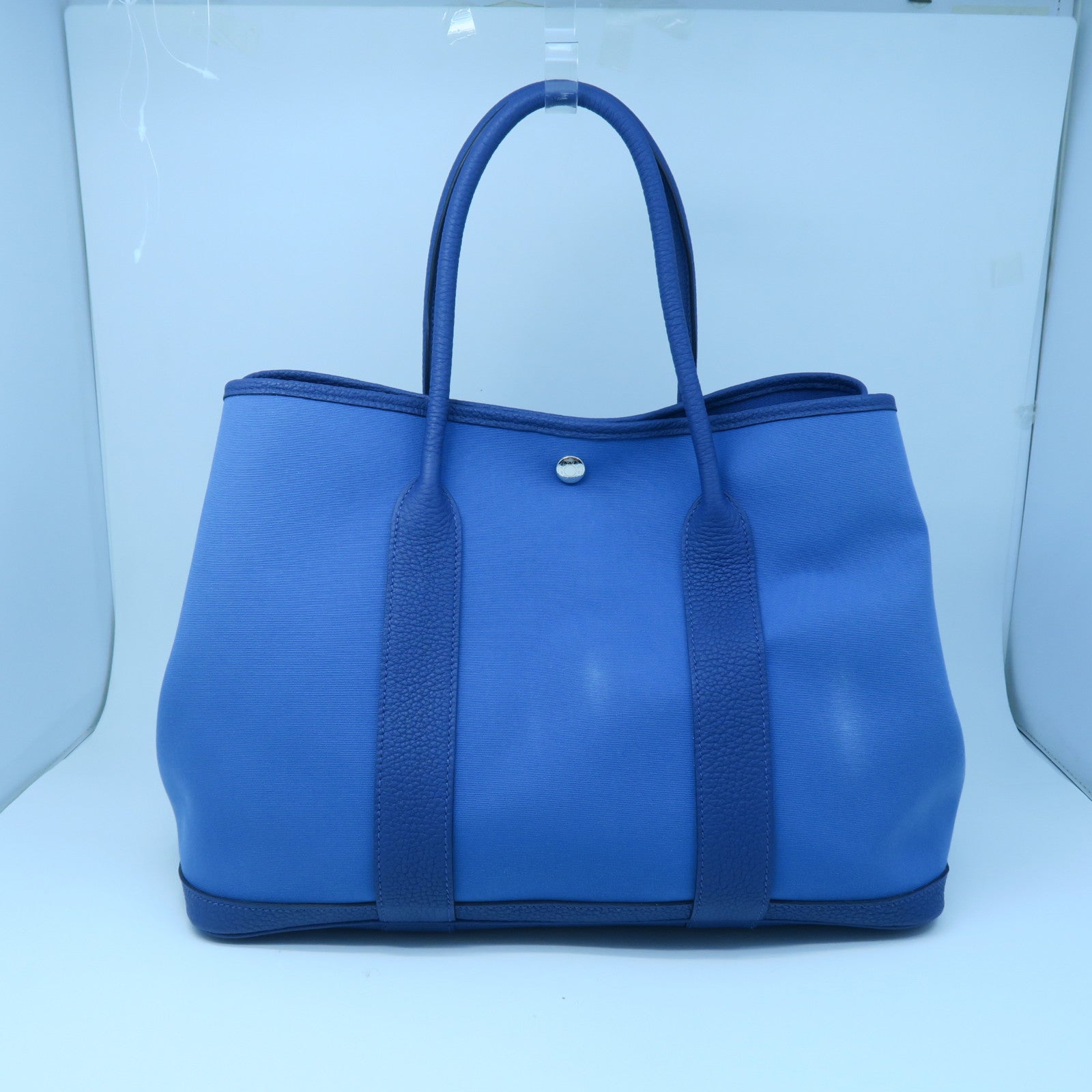 HERMES 【激減優惠】帆布GardenParty PM銀扣手挽袋深藍瑪瑙