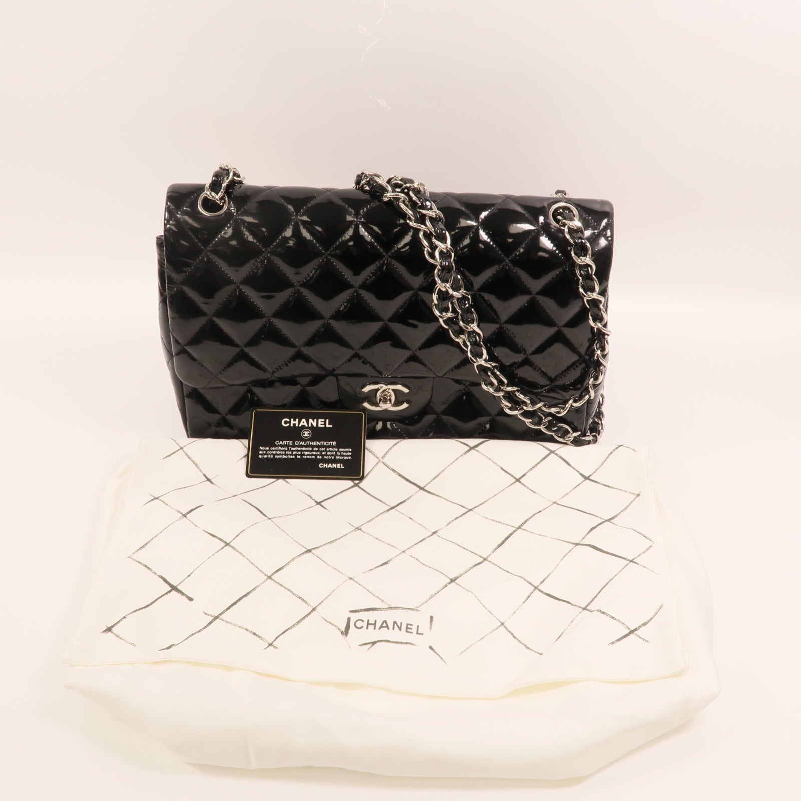 CHANEL 漆皮皮革Large Classic銀扣鏈帶肩背袋