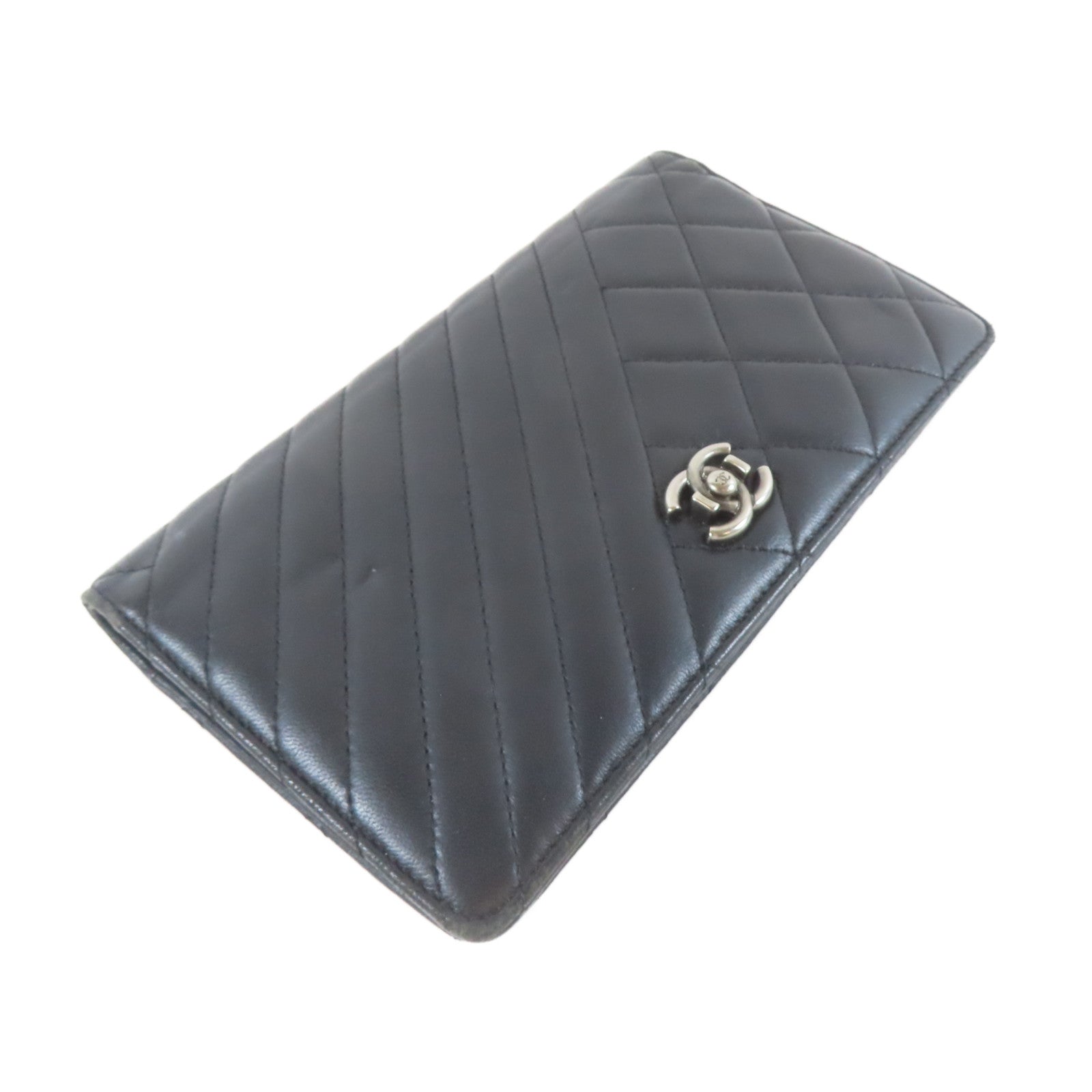 CHANEL 【激減優惠】菱格/斜紋羊皮皮革Long Wallet銀扣長錢包黑色