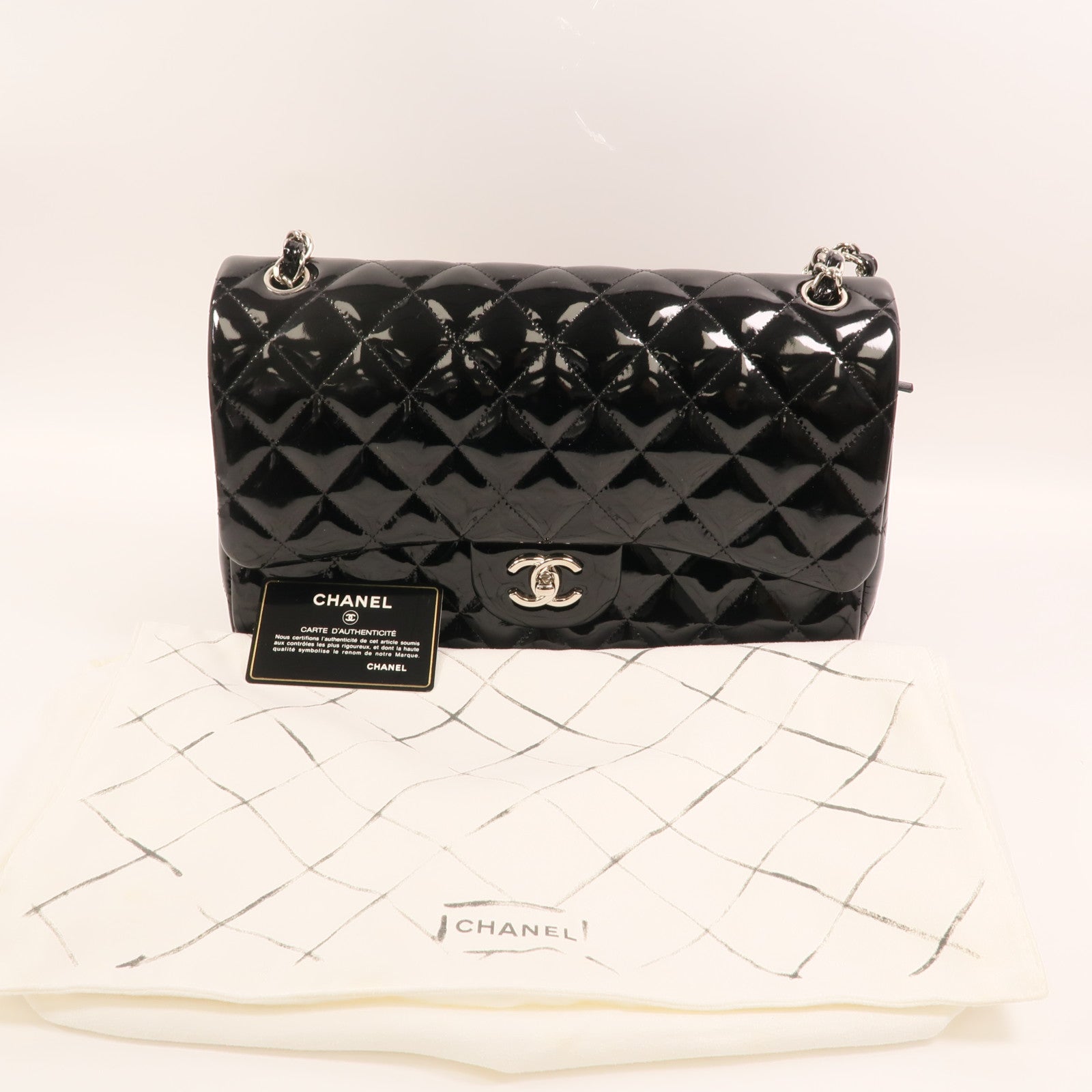 CHANEL 漆皮皮革Large Classic銀扣鏈帶肩背袋