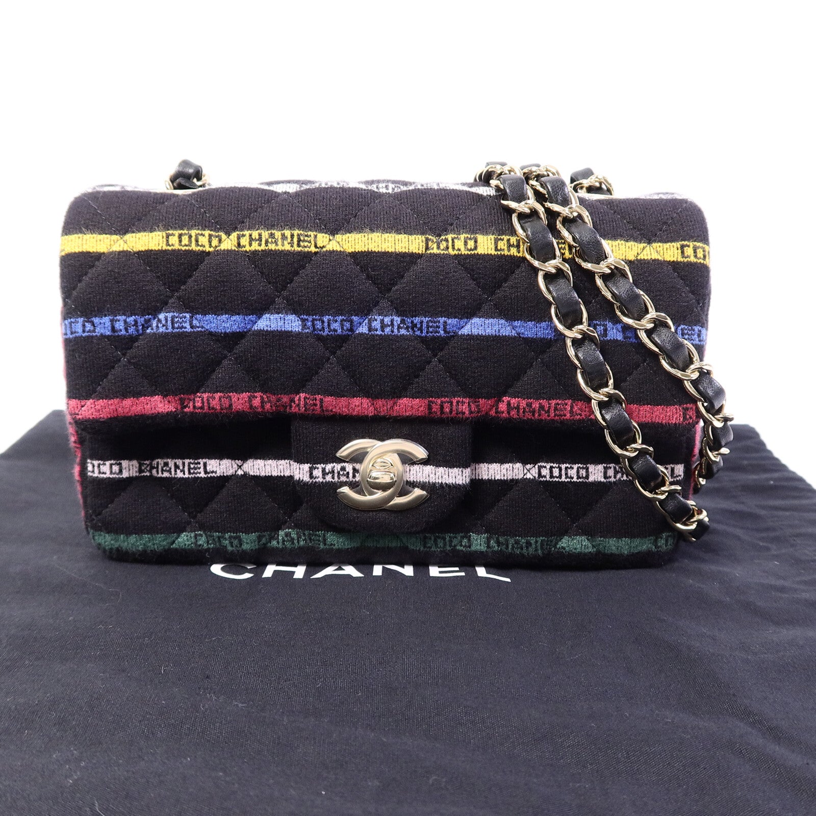 CHANEL 布料Jersey Logo Mini Stripe鏈帶肩背袋