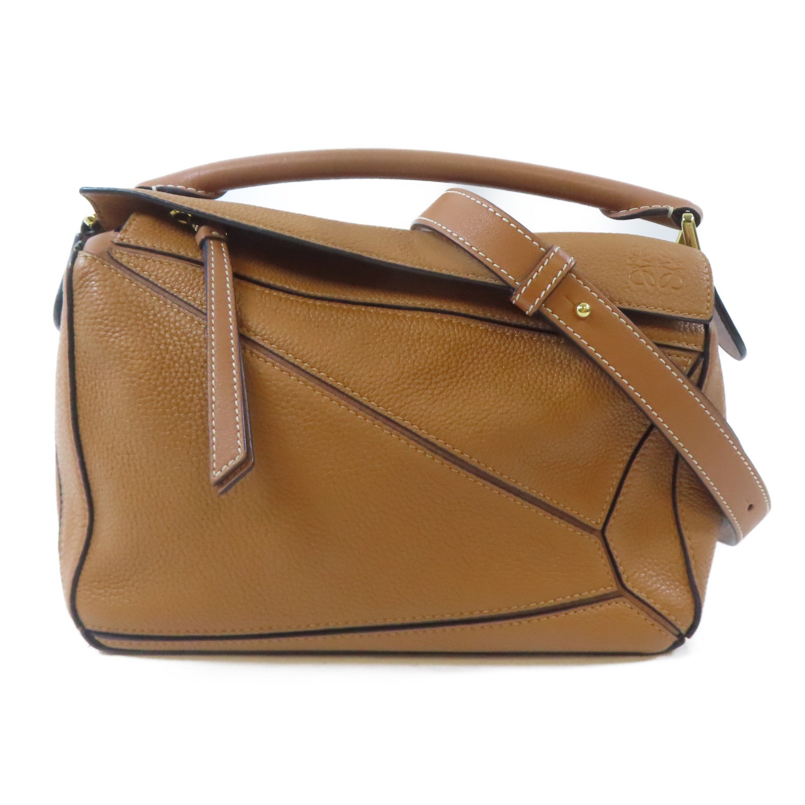 LOEWE 牛皮皮革Puzzle Small金扣手挽肩背兩用袋啡色
