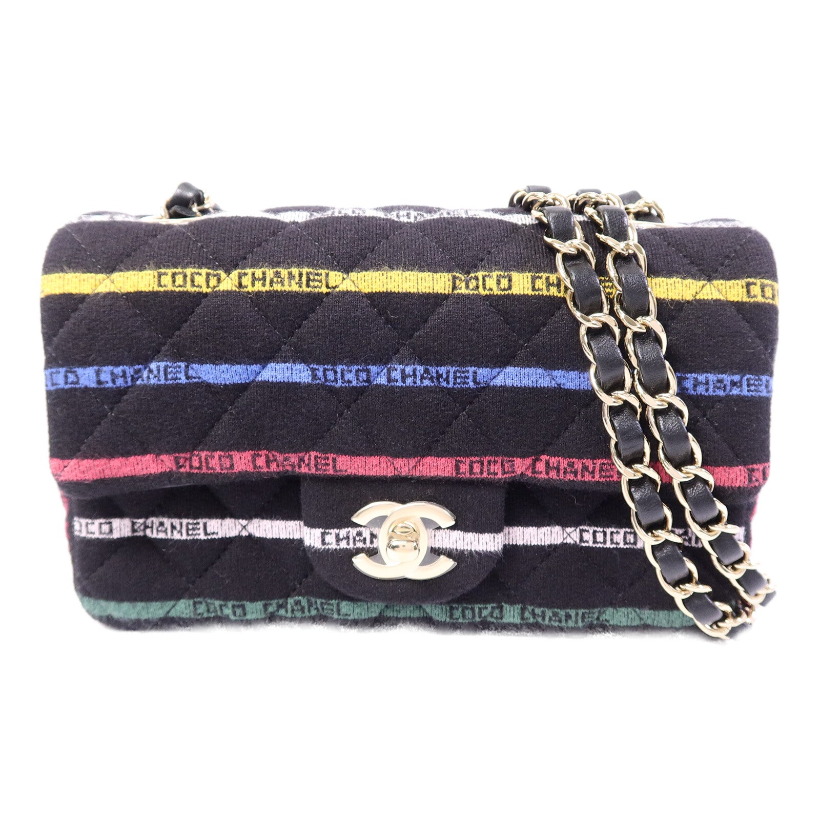 CHANEL 布料Jersey Logo Mini Stripe鏈帶肩背袋