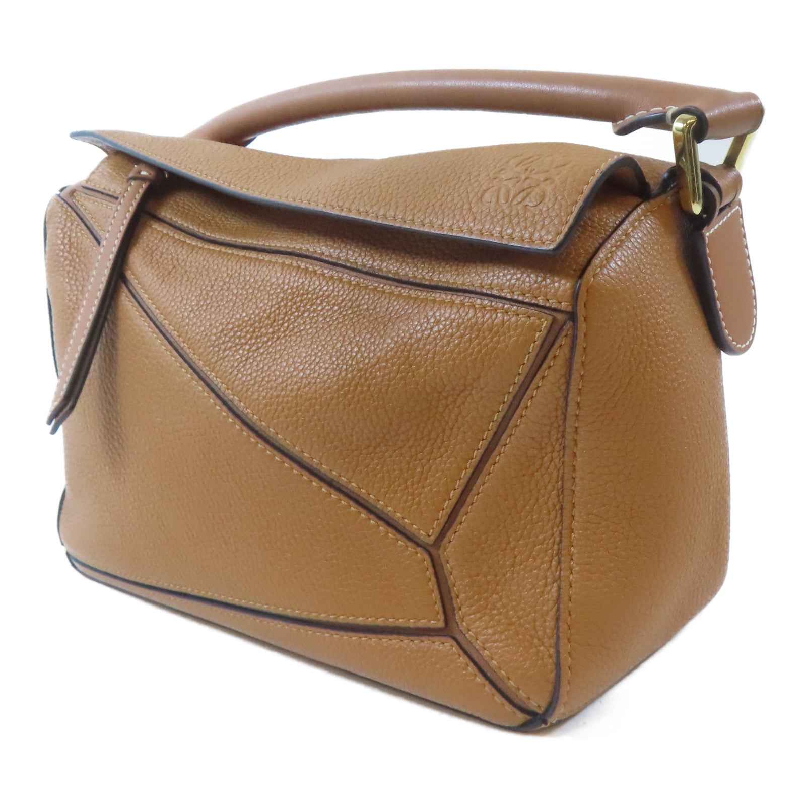 LOEWE 牛皮皮革Puzzle Small金扣手挽肩背兩用袋啡色