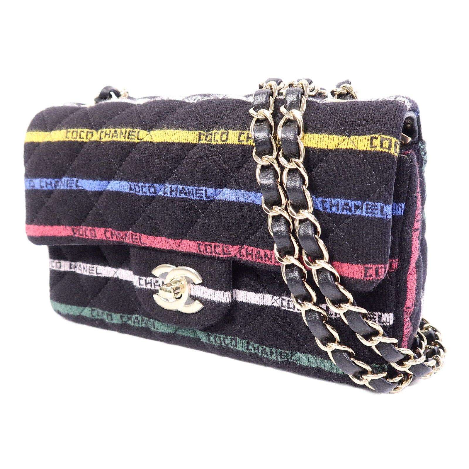CHANEL 布料Jersey Logo Mini Stripe鏈帶肩背袋