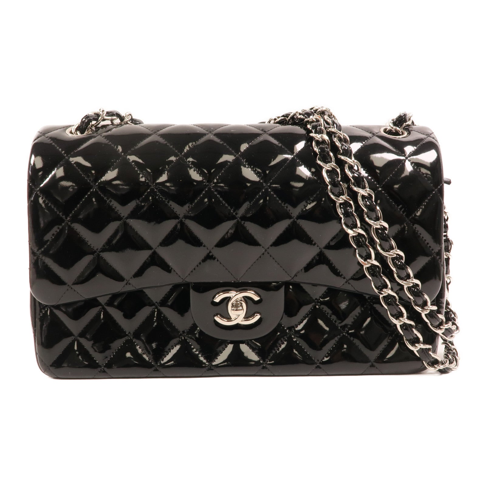 CHANEL 漆皮皮革Large Classic銀扣鏈帶肩背袋