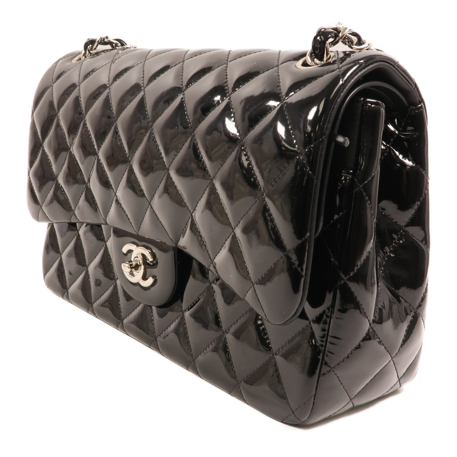 CHANEL 漆皮皮革Large Classic銀扣鏈帶肩背袋