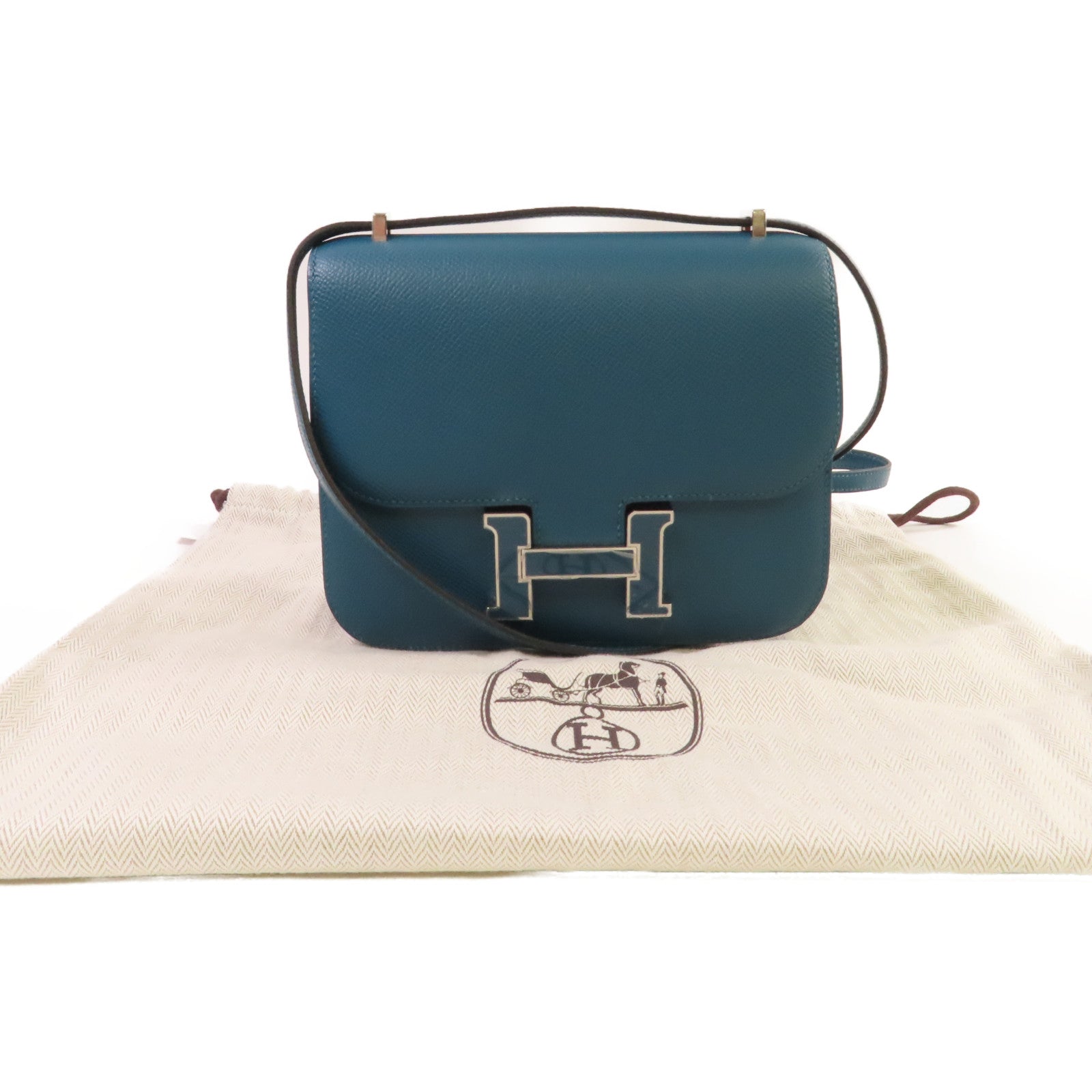 HERMES Epsomp皮革Constance Mini Shoulder Bag銀扣肩背袋Vert Bosphore/博斯普魯斯綠色