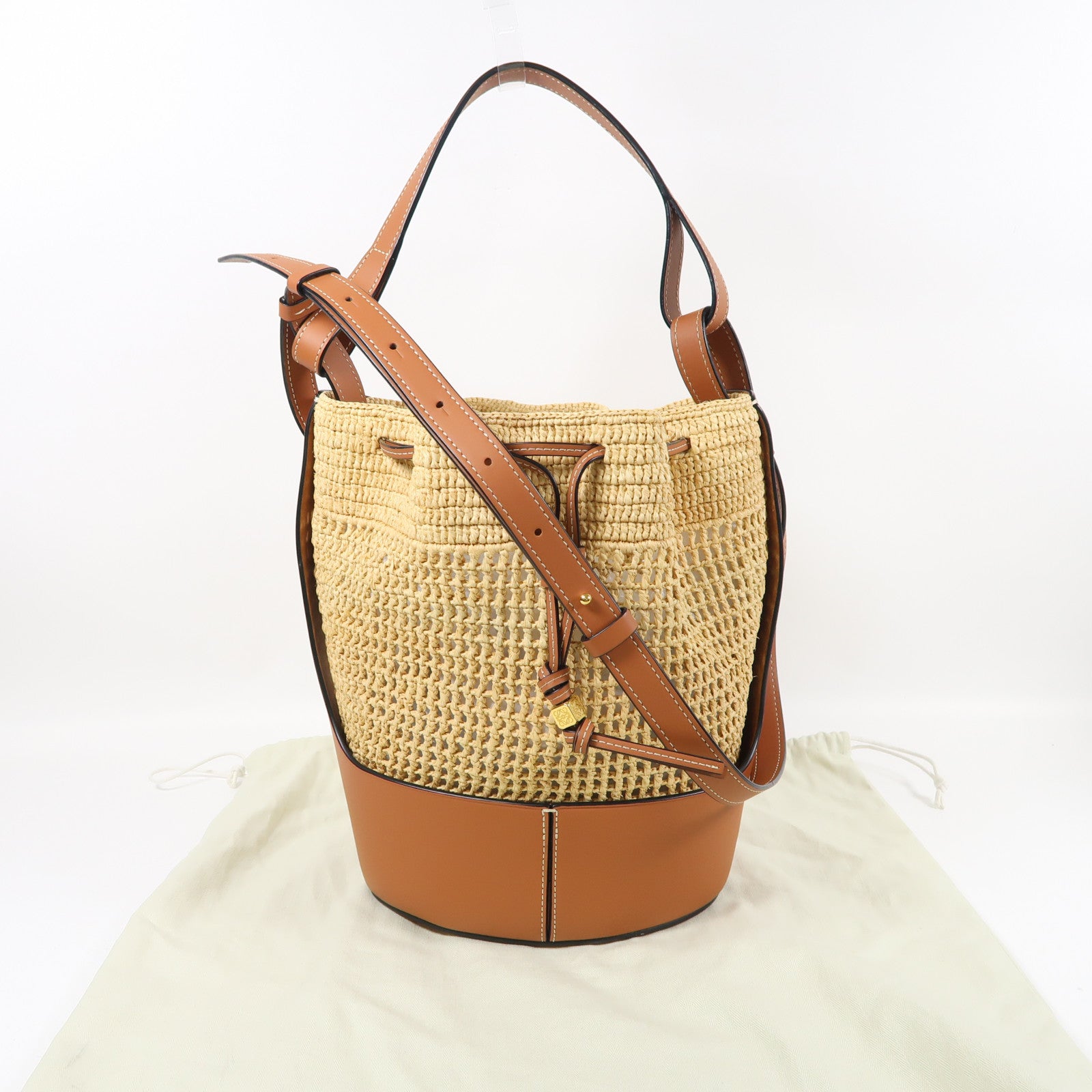 LOEWE Raffia/牛皮皮革Balloon Bag金扣手挽肩背兩用袋