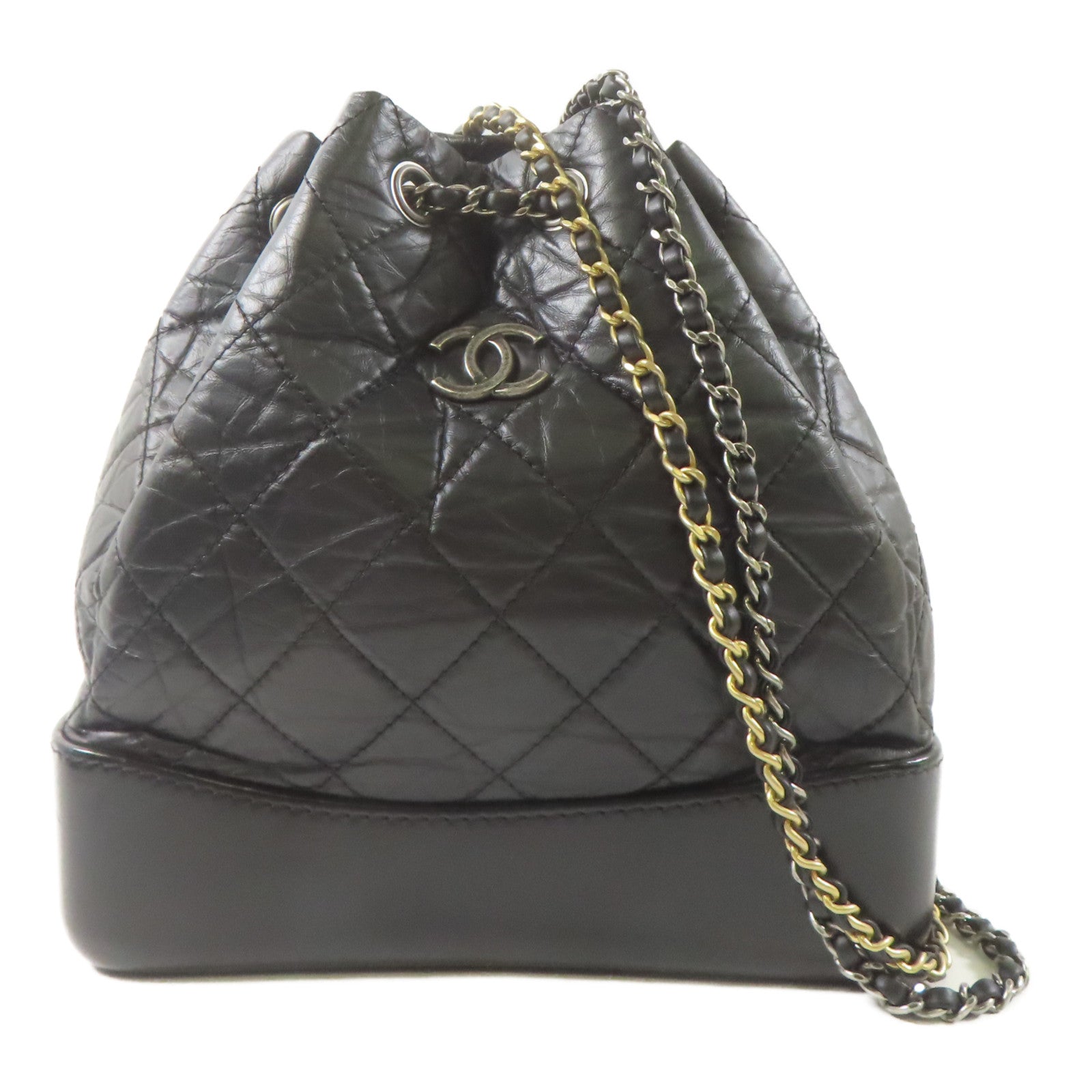 CHANEL 羊皮皮革Gabrielle Backpack銀扣/金扣鏈帶背包黑色