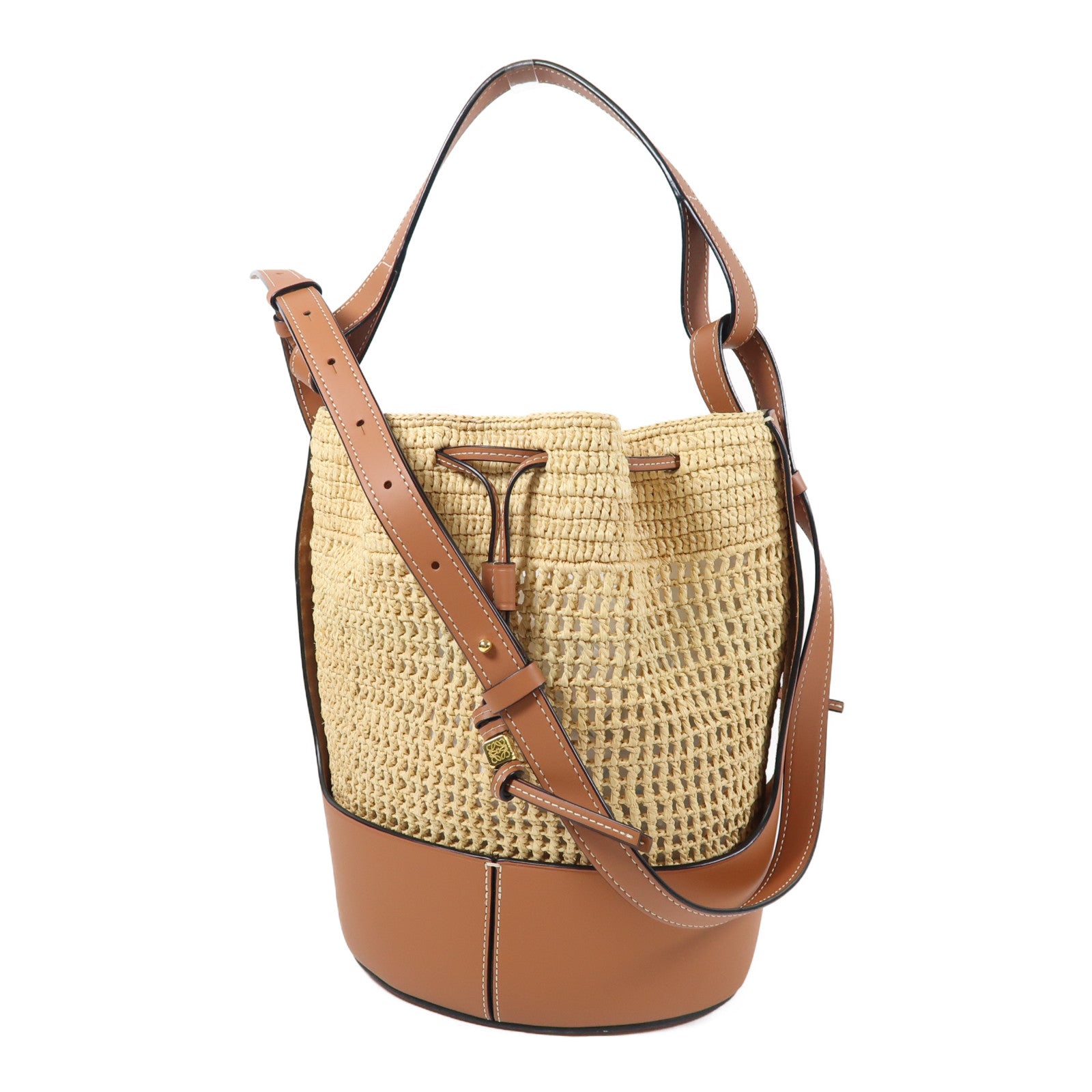 LOEWE Raffia/牛皮皮革Balloon Bag金扣手挽肩背兩用袋