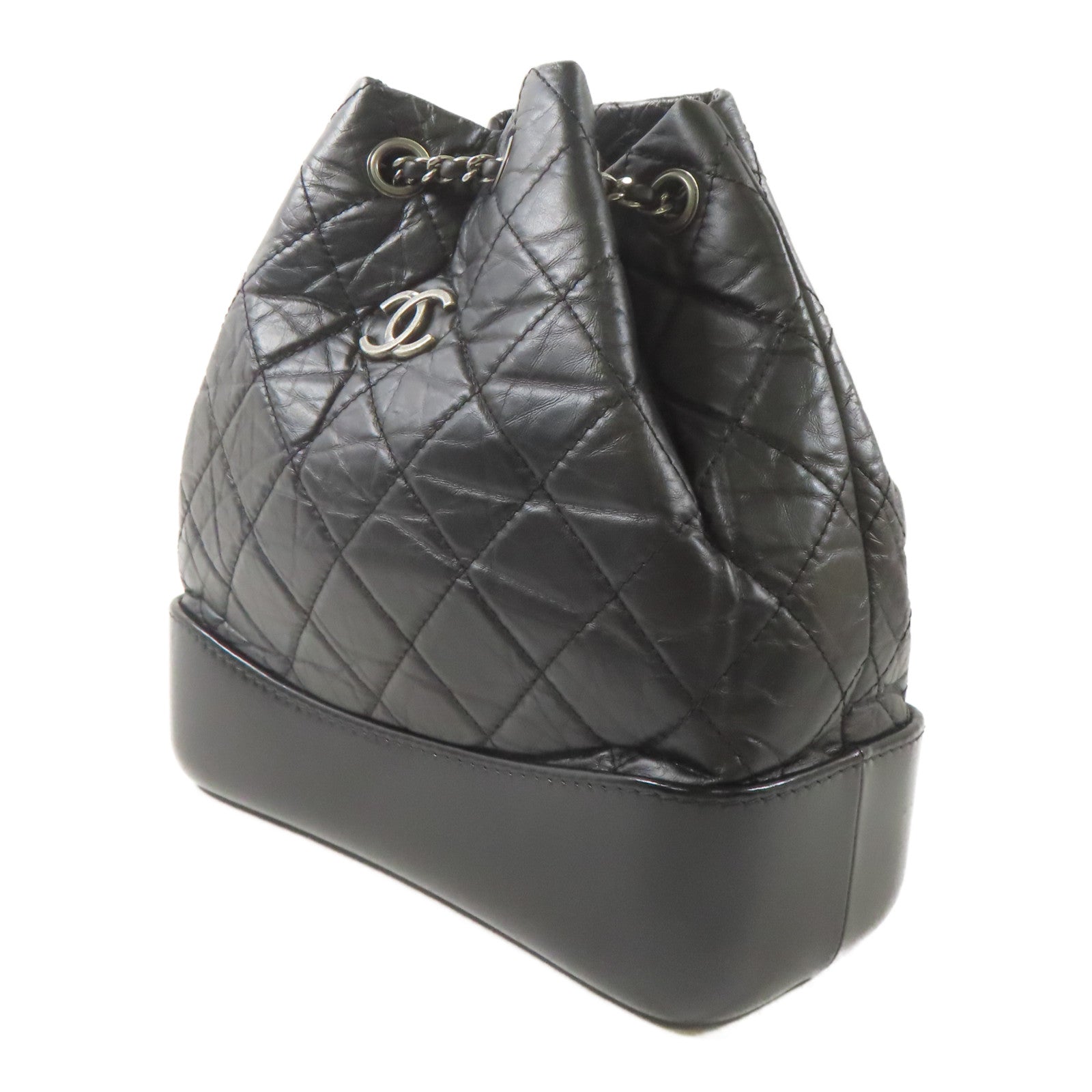 CHANEL 羊皮皮革Gabrielle Backpack銀扣/金扣鏈帶背包黑色