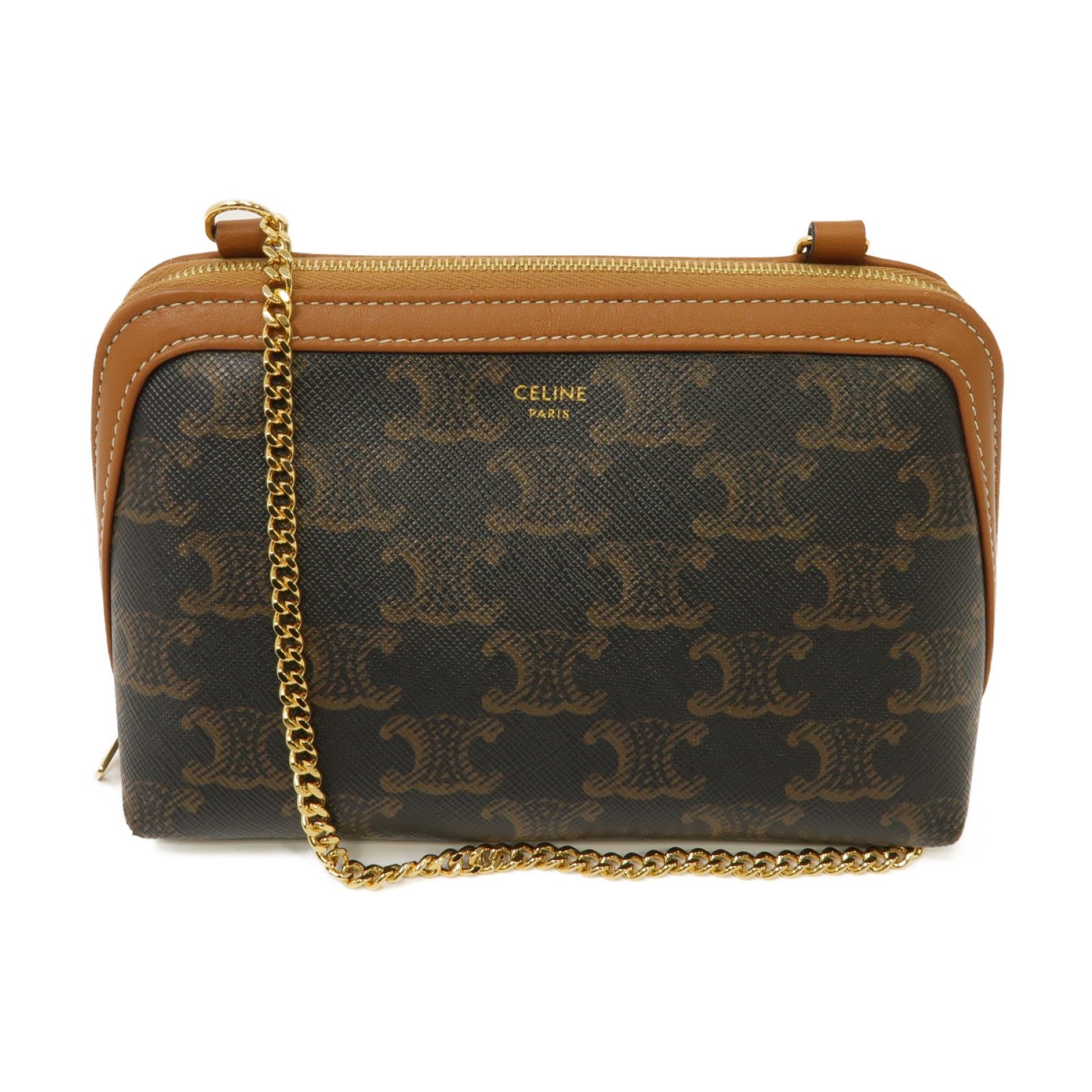 CELINE 塗層帆布Clutch With Chain金扣鏈帶肩背袋啡色