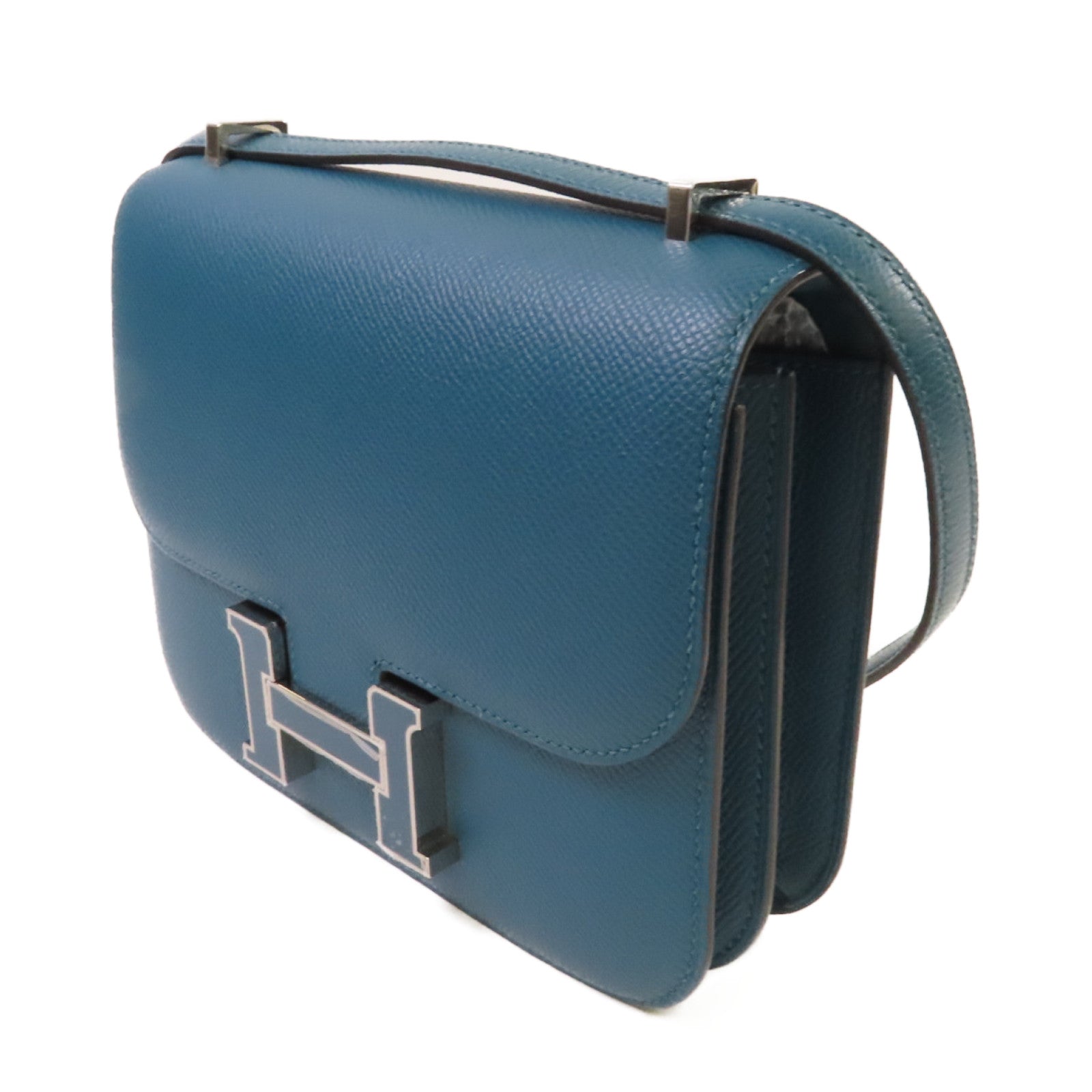 HERMES Epsomp皮革Constance Mini Shoulder Bag銀扣肩背袋Vert Bosphore/博斯普魯斯綠色