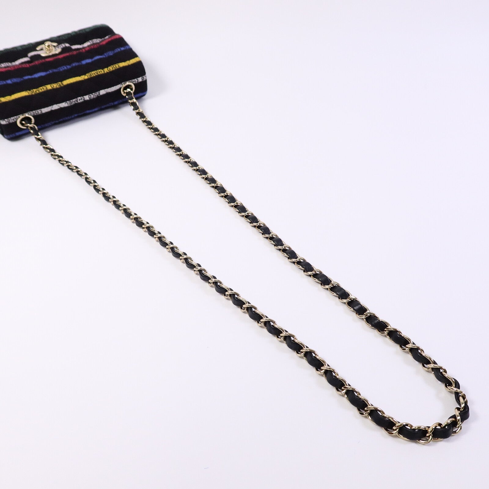 CHANEL 布料Jersey Logo Mini Stripe鏈帶肩背袋