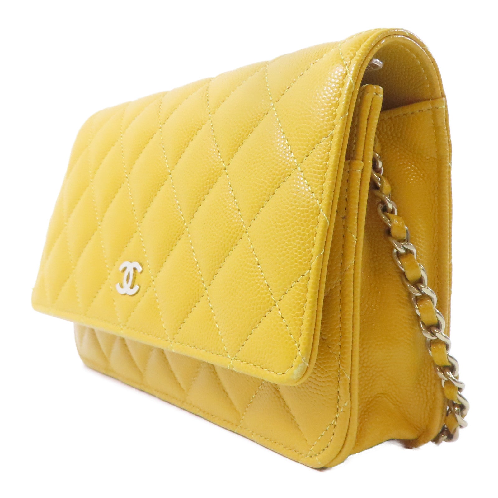 CHANEL 菱格牛皮皮革Wallet On Chain金扣鏈帶肩背袋黃色