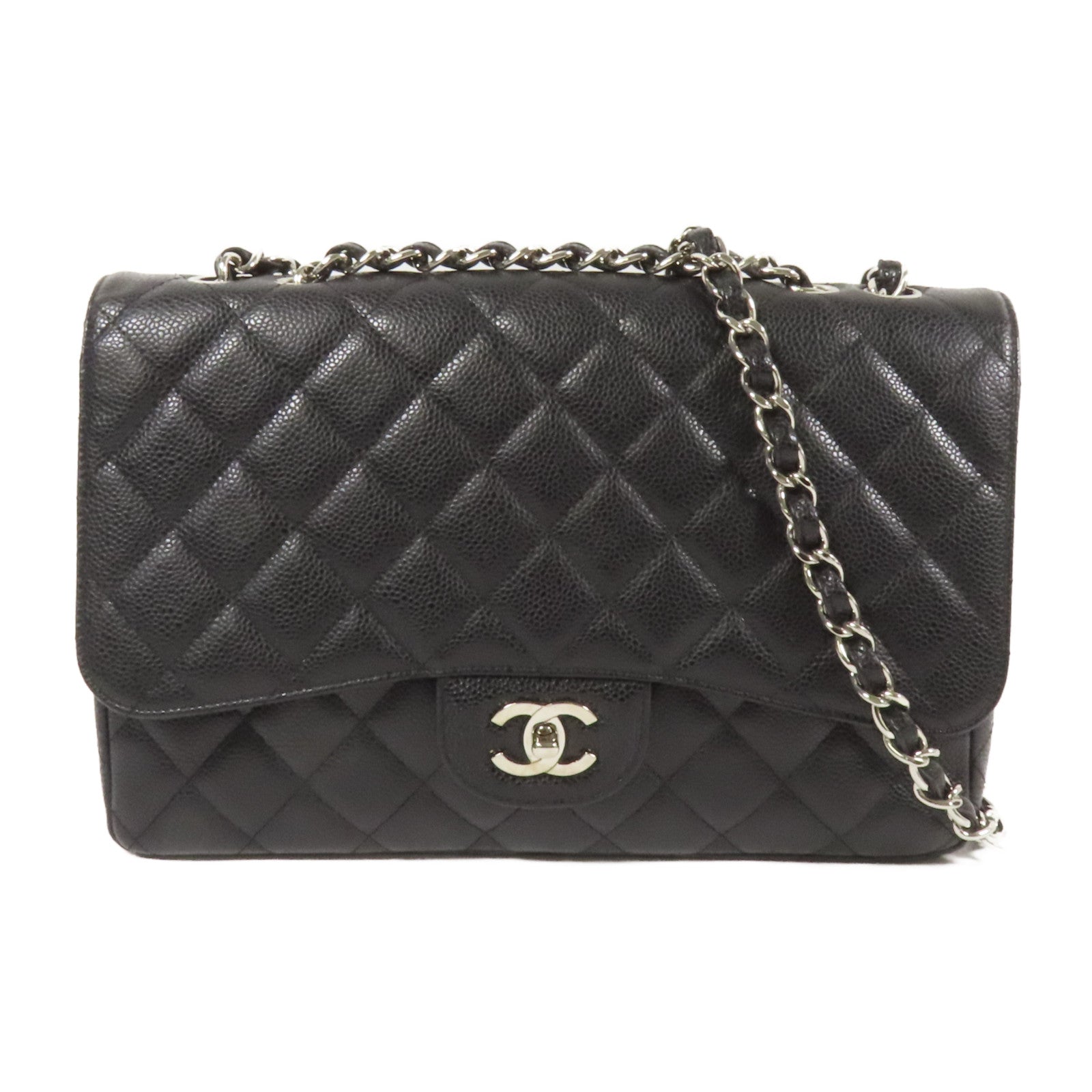 CHANEL 牛皮皮革Large Classic銀扣鏈帶肩背袋