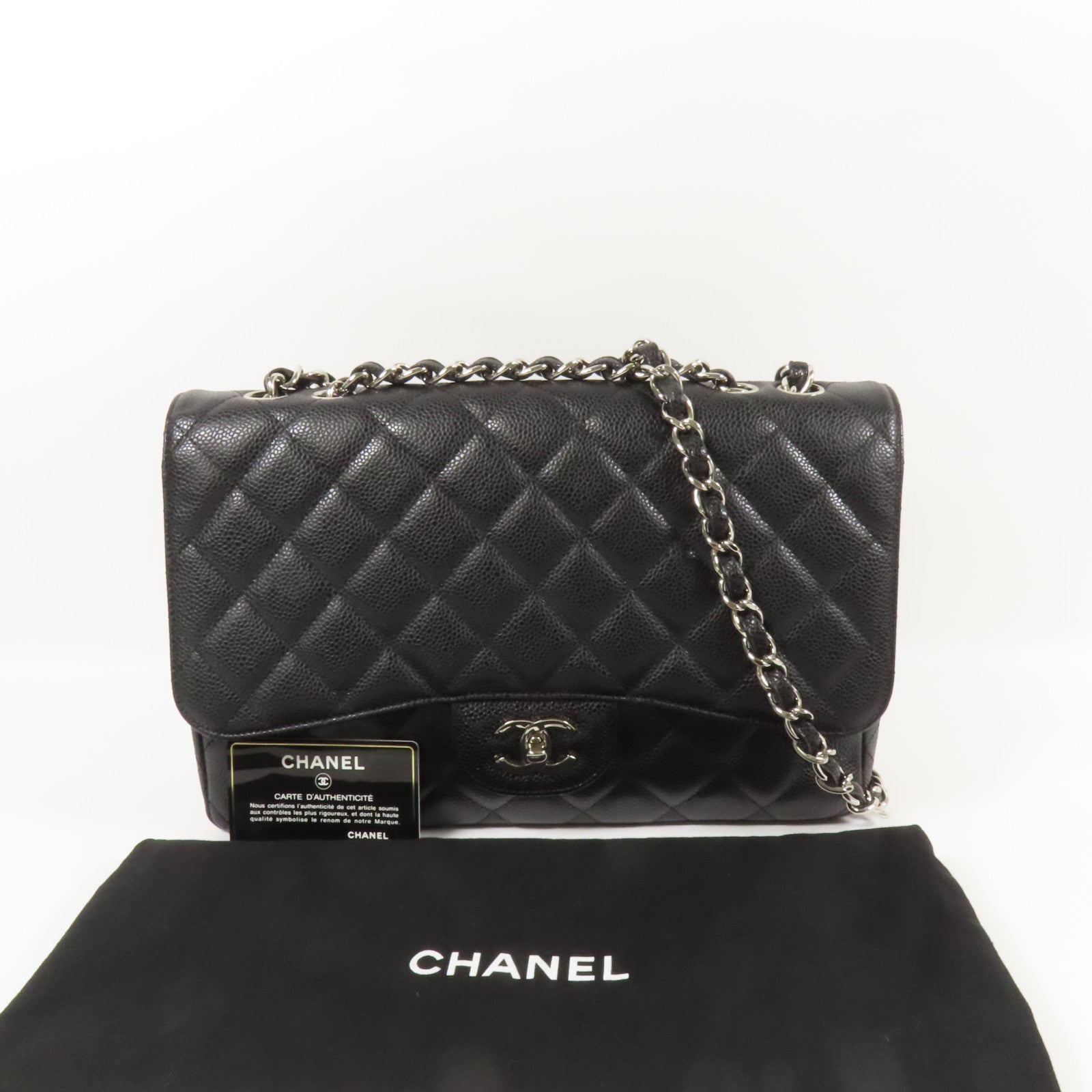 CHANEL 牛皮皮革Large Classic銀扣鏈帶肩背袋