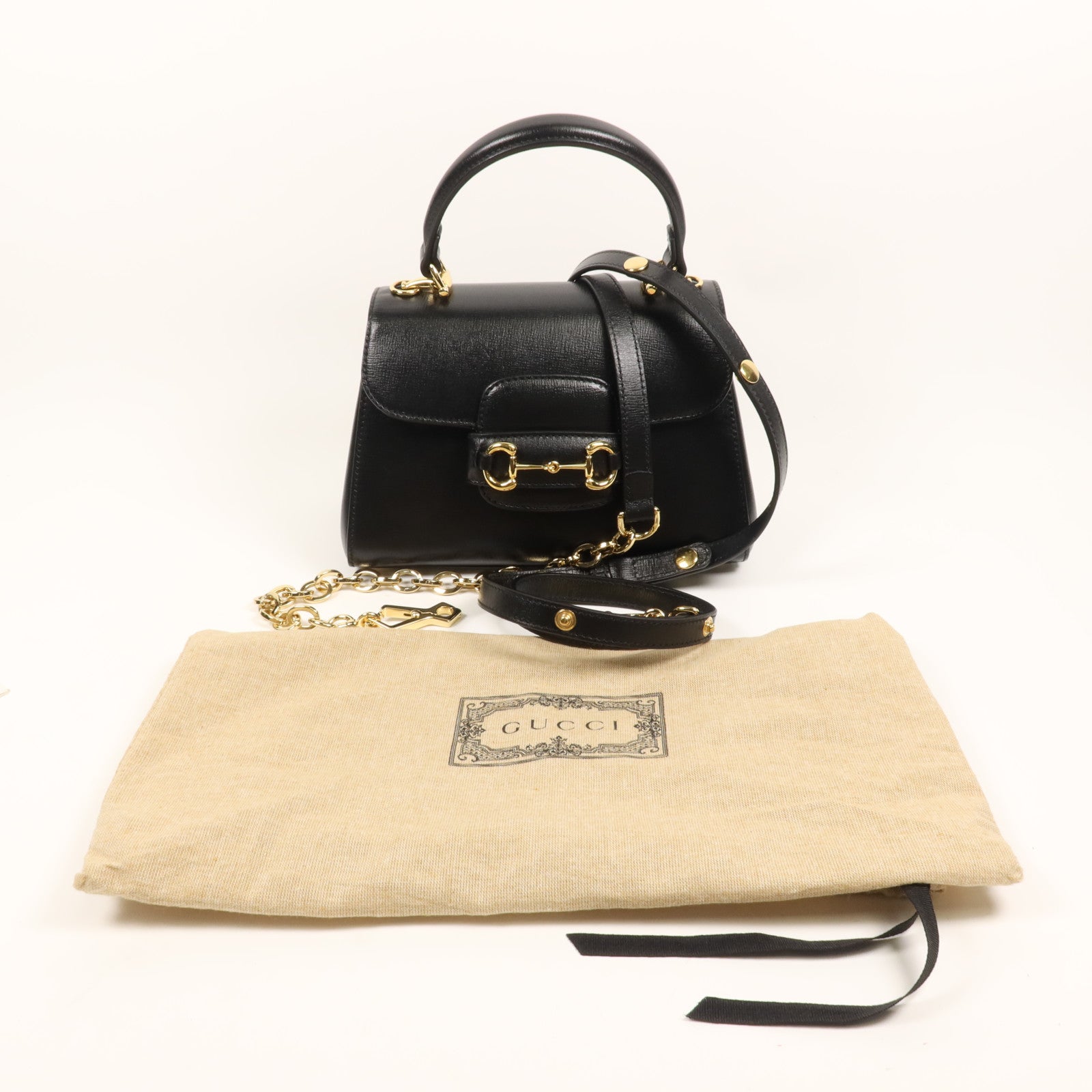 GUCCI 牛皮皮革Horsebit 1955金扣手挽肩背兩用袋