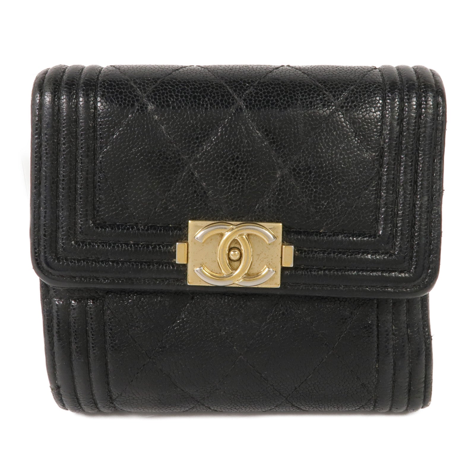 CHANEL 牛皮皮革Boy Trifold Wallet金扣錢包