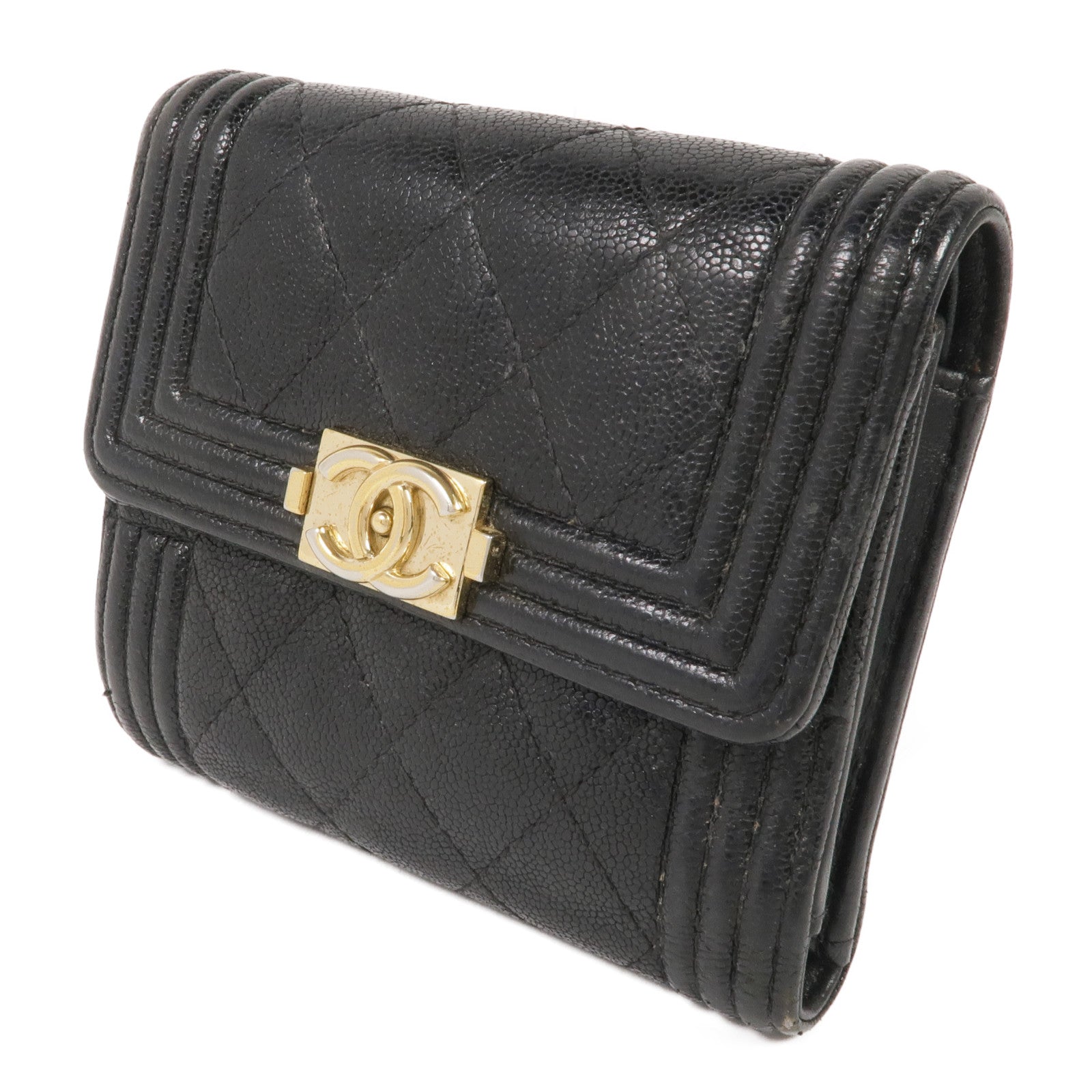 CHANEL 牛皮皮革Boy Trifold Wallet金扣錢包