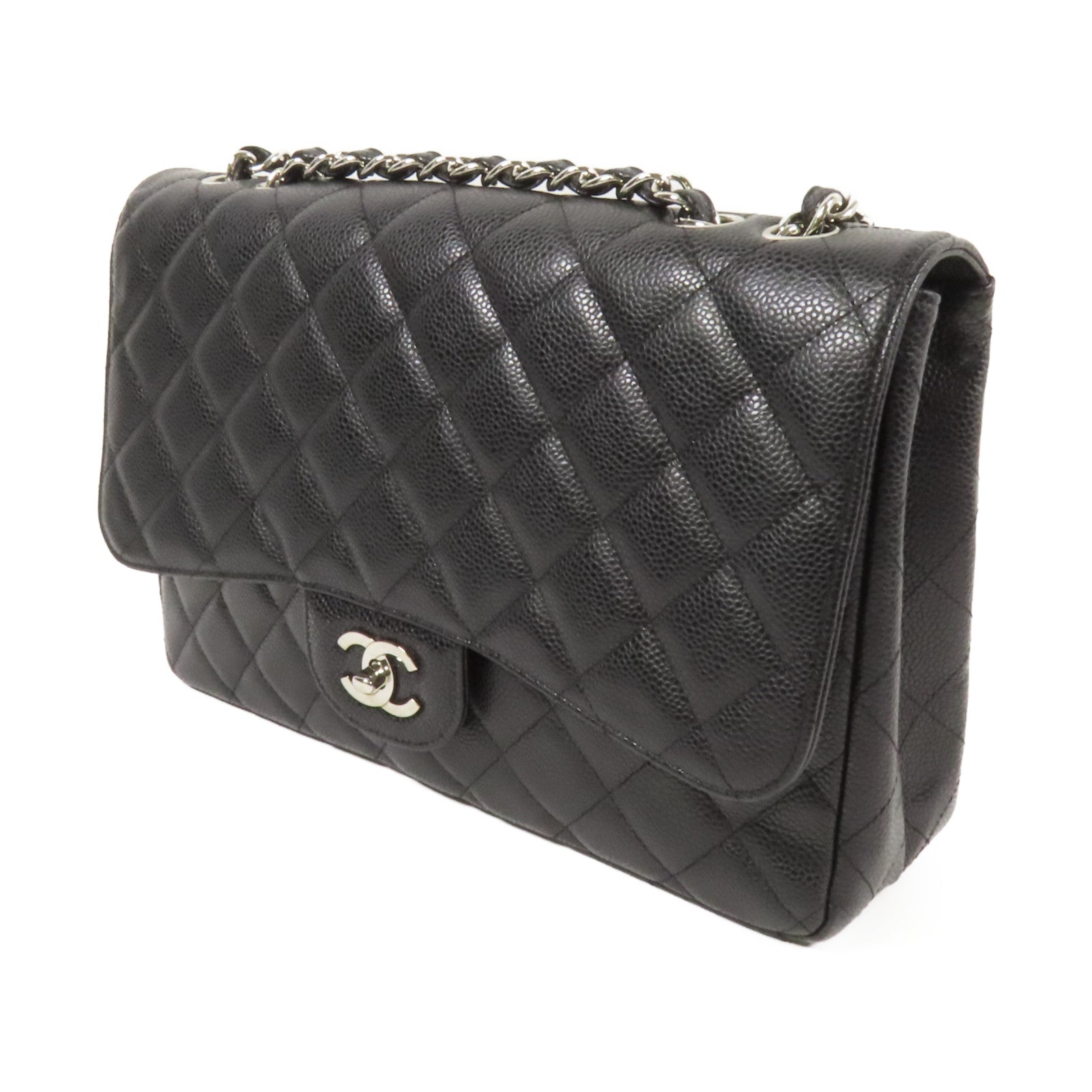 CHANEL 牛皮皮革Large Classic銀扣鏈帶肩背袋