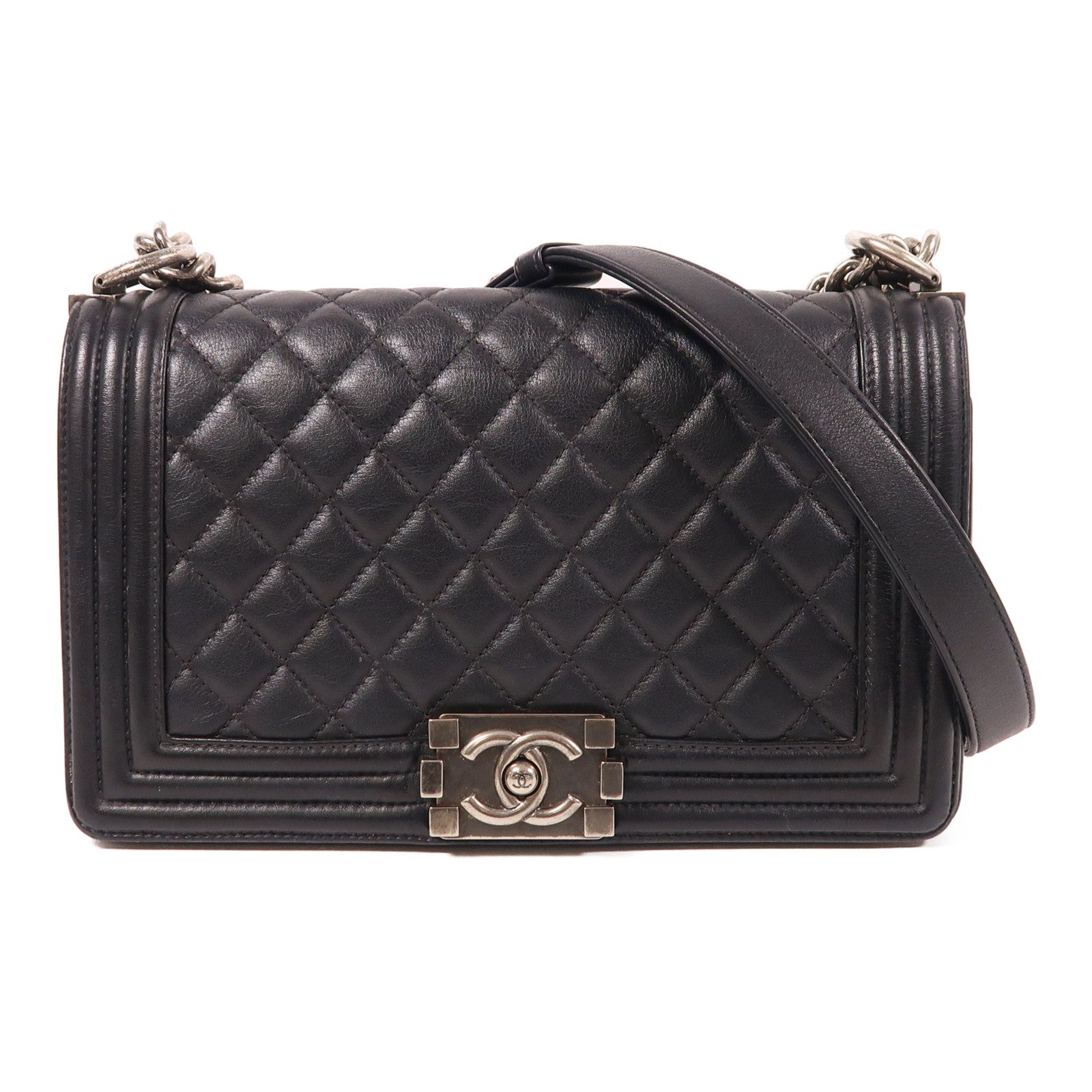 CHANEL CC Boy 25 Chain Shoulder Bag Lambskin Leather Black