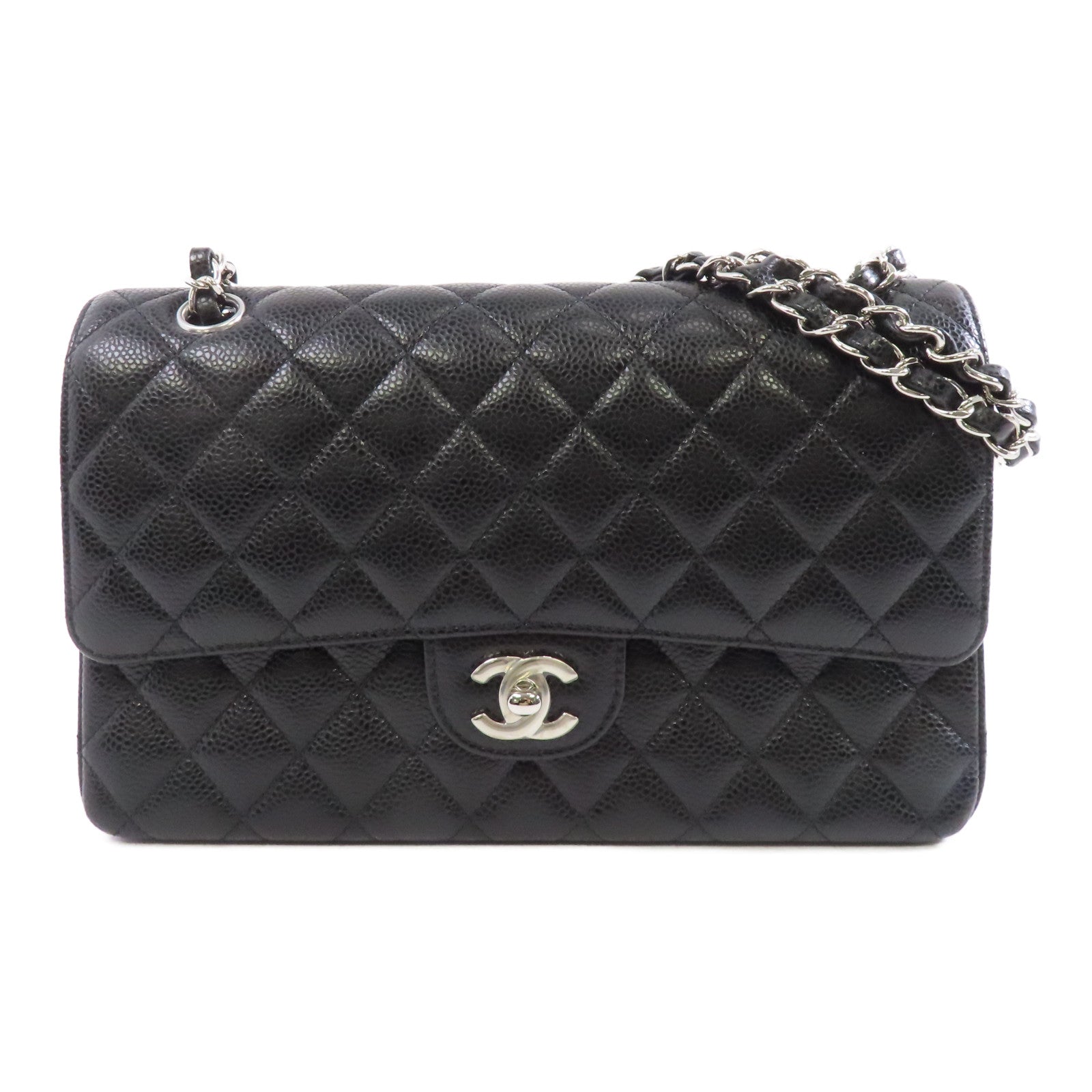 CHANEL 菱格牛皮皮革Classic 25銀扣鏈帶肩背袋黑色