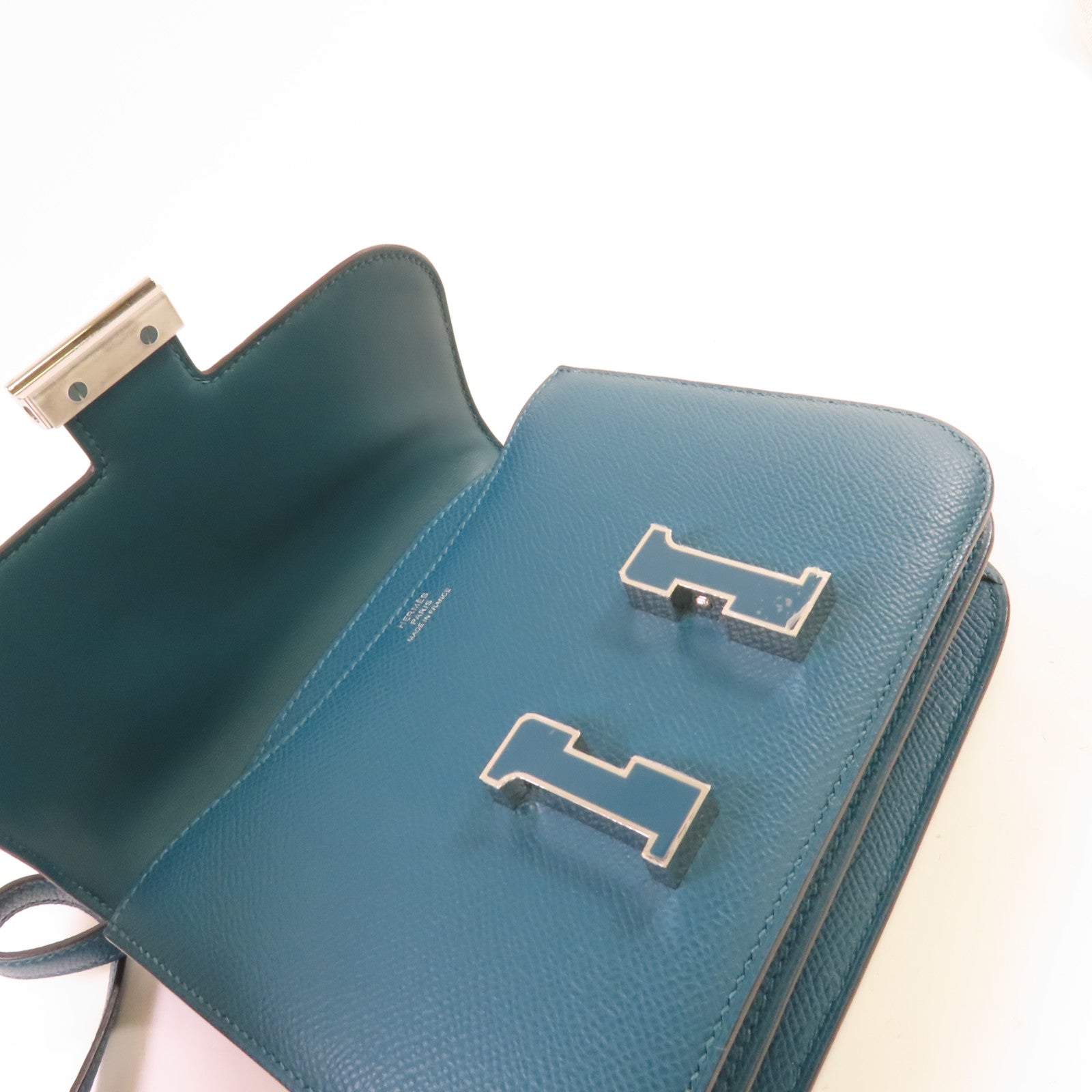 HERMES Epsomp皮革Constance Mini Shoulder Bag銀扣肩背袋Vert Bosphore/博斯普魯斯綠色