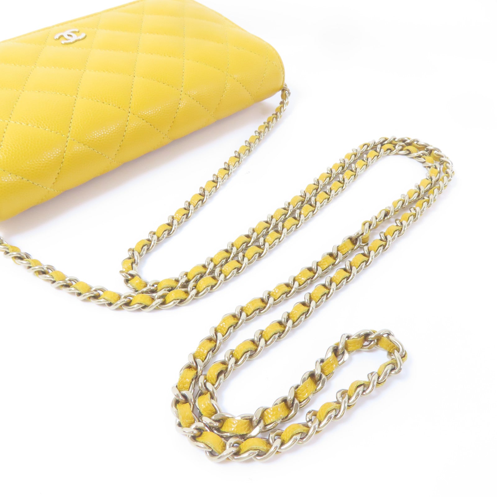 CHANEL 菱格牛皮皮革Wallet On Chain金扣鏈帶肩背袋黃色