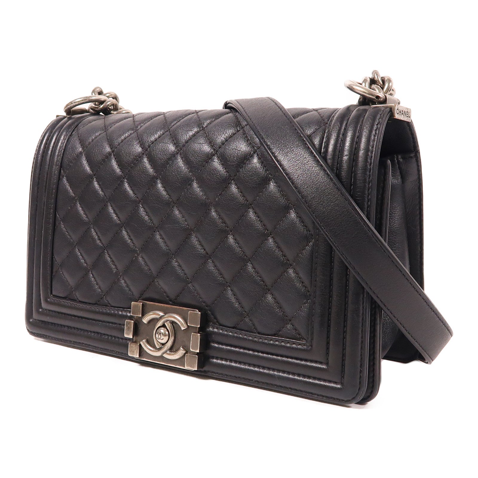 CHANEL CC Boy 25 Chain Shoulder Bag Lambskin Leather Black