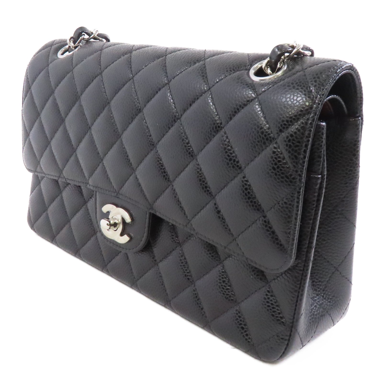 CHANEL 菱格牛皮皮革Classic 25銀扣鏈帶肩背袋黑色