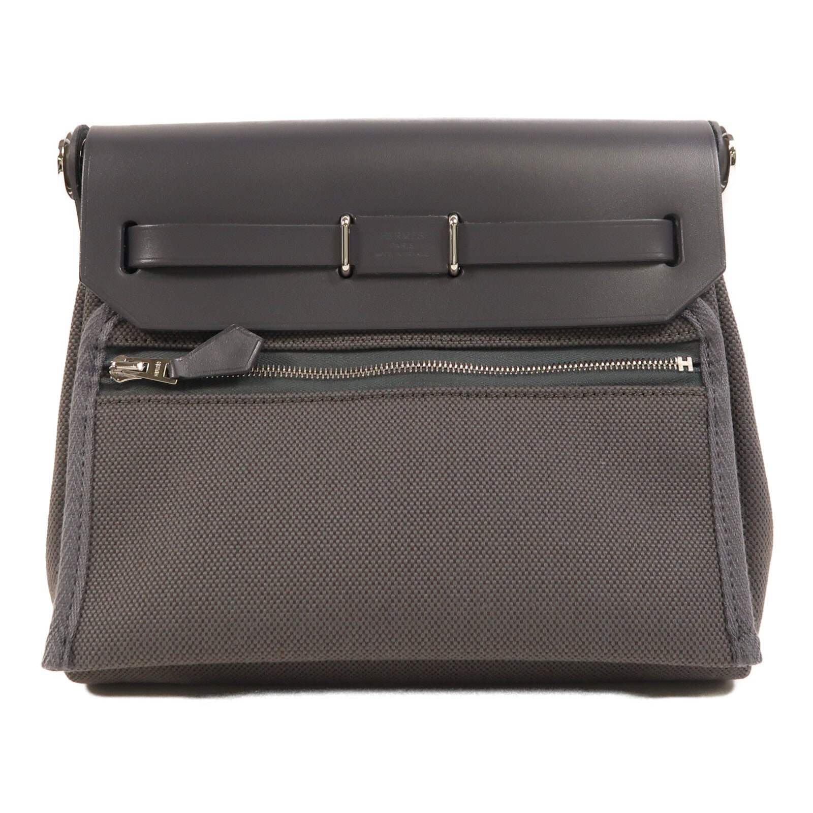 HERMES 帆布Mini Herbag銀扣肩背袋Ardoise