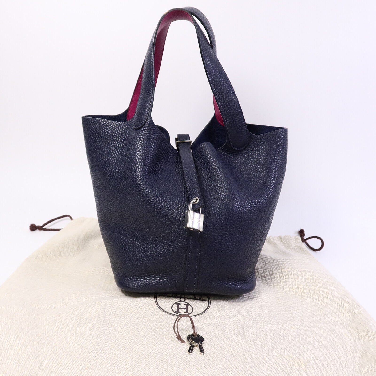 HERMES Clemence皮革Picotin MM扣手挽袋Bleu Nuit