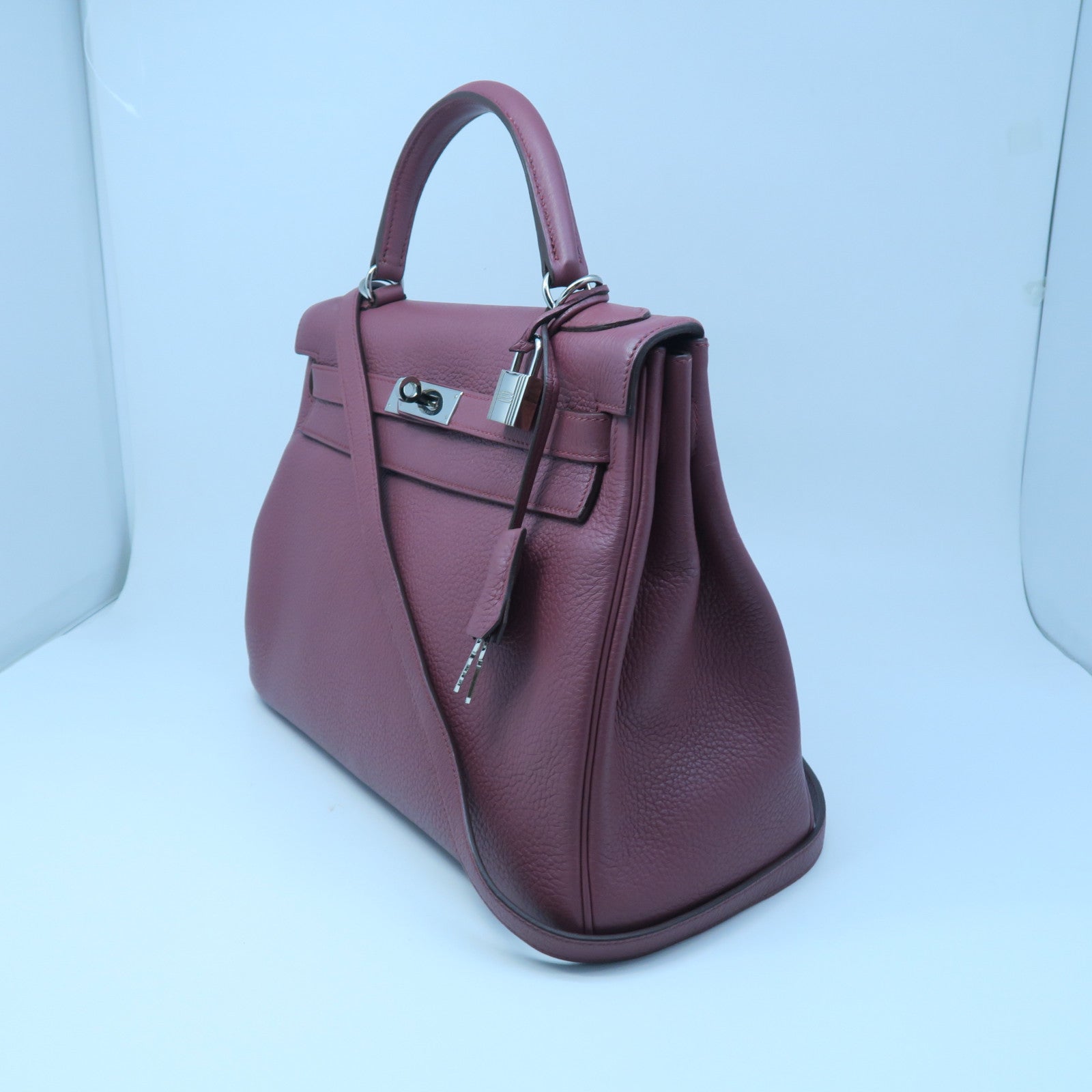 HERMES 【清倉大減價】Clemence皮革Kelly 32銀扣手挽肩背兩用袋玫瑰茶色