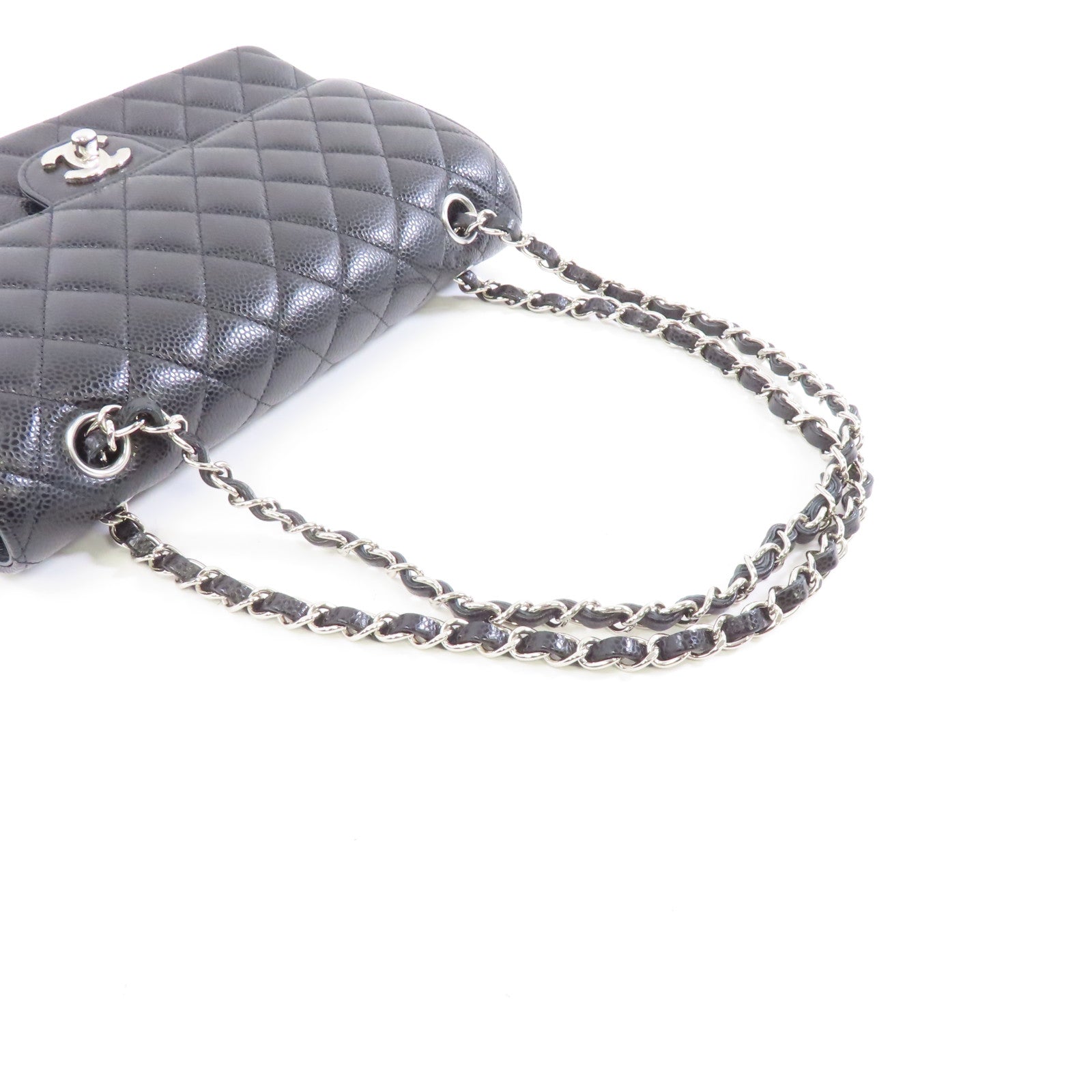 CHANEL 菱格牛皮皮革Classic 25銀扣鏈帶肩背袋黑色
