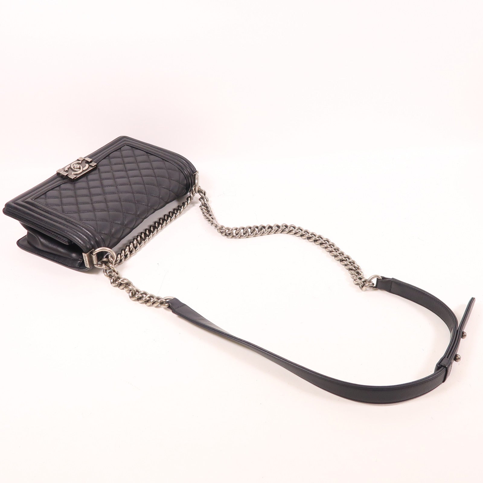 CHANEL CC Boy 25 Chain Shoulder Bag Lambskin Leather Black