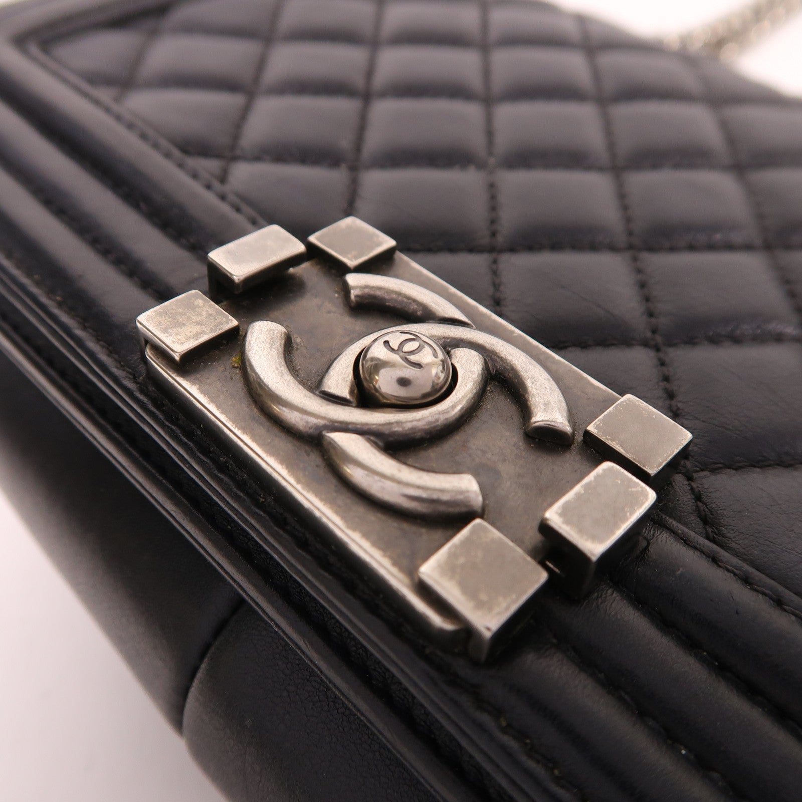 CHANEL CC Boy 25 Chain Shoulder Bag Lambskin Leather Black