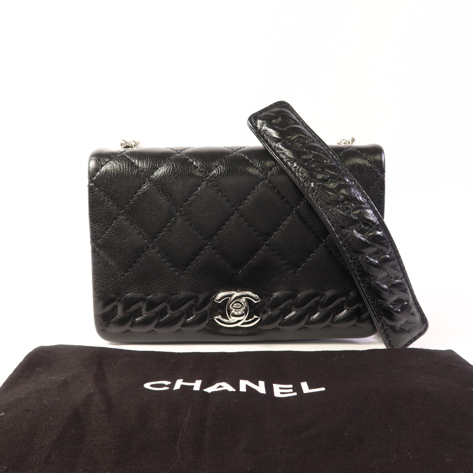 CHANEL 牛皮皮革Chain Shoulder銀扣鏈帶肩背袋