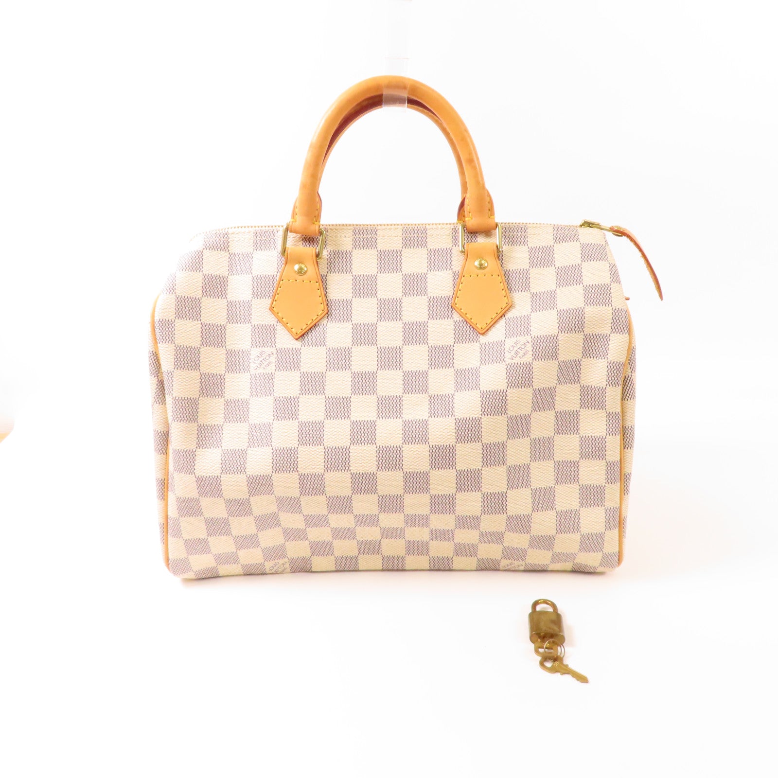 LOUIS VUITTON Damier Azur Speedy 30金扣手挽袋白色