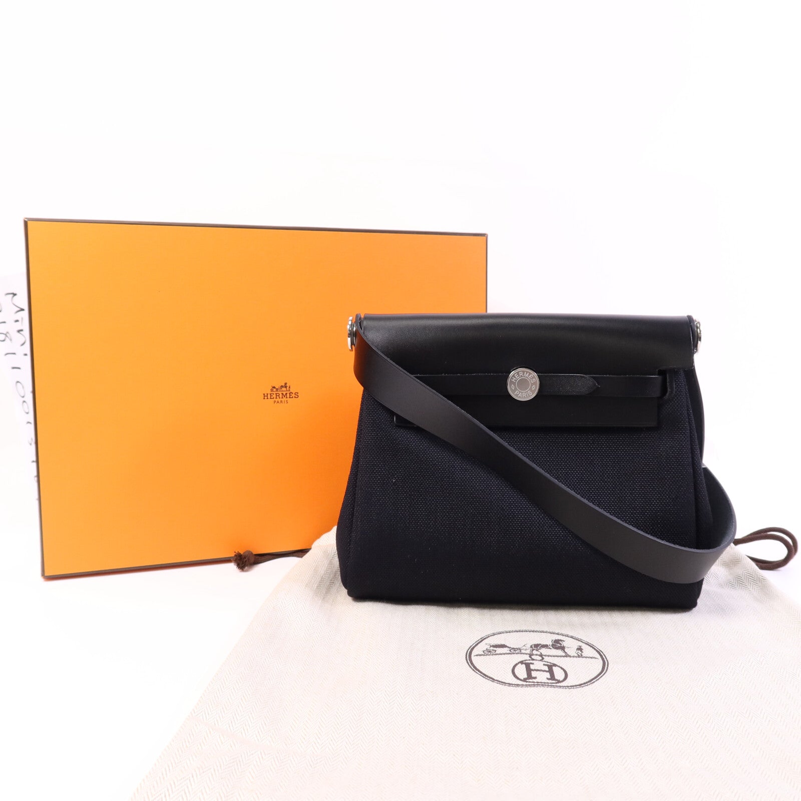 HERMES 帆布Mini Herbag銀扣肩背袋Noir