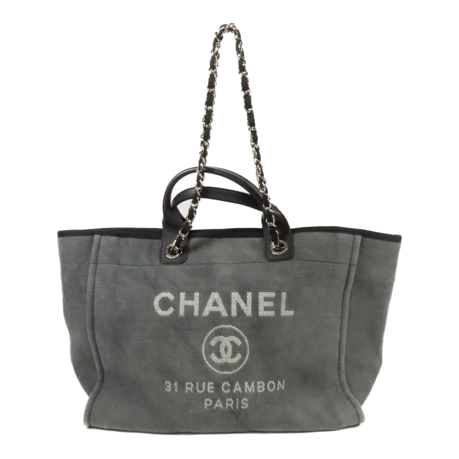 CHANEL 帆布Deauville Tote銀扣鏈帶手挽肩背兩用袋