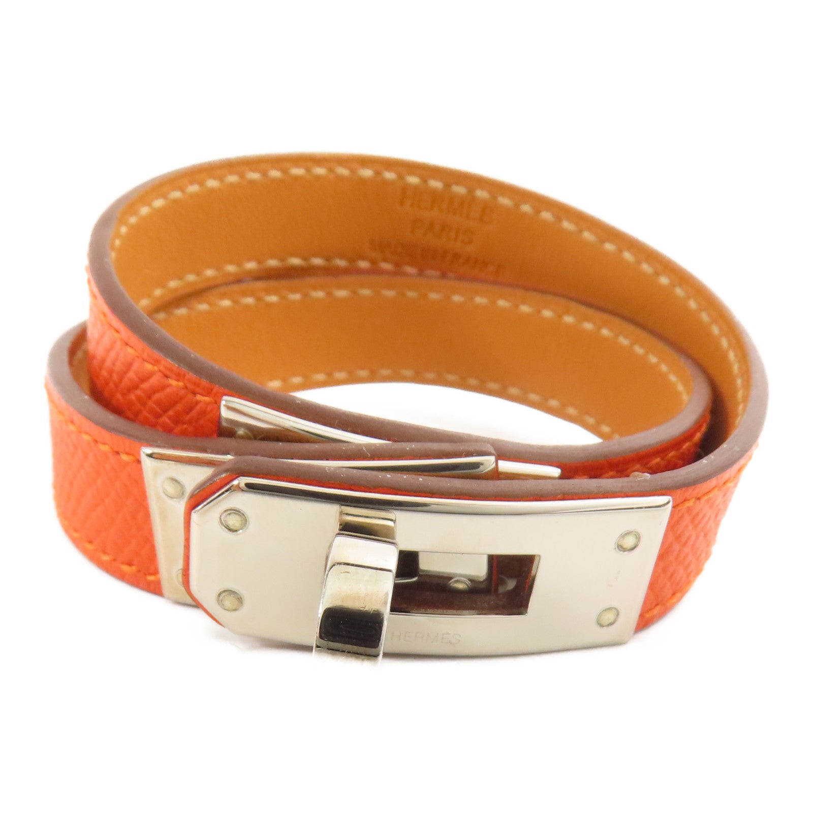 HERMES 牛皮皮革Kelly Double Tour銀扣手帶Feu