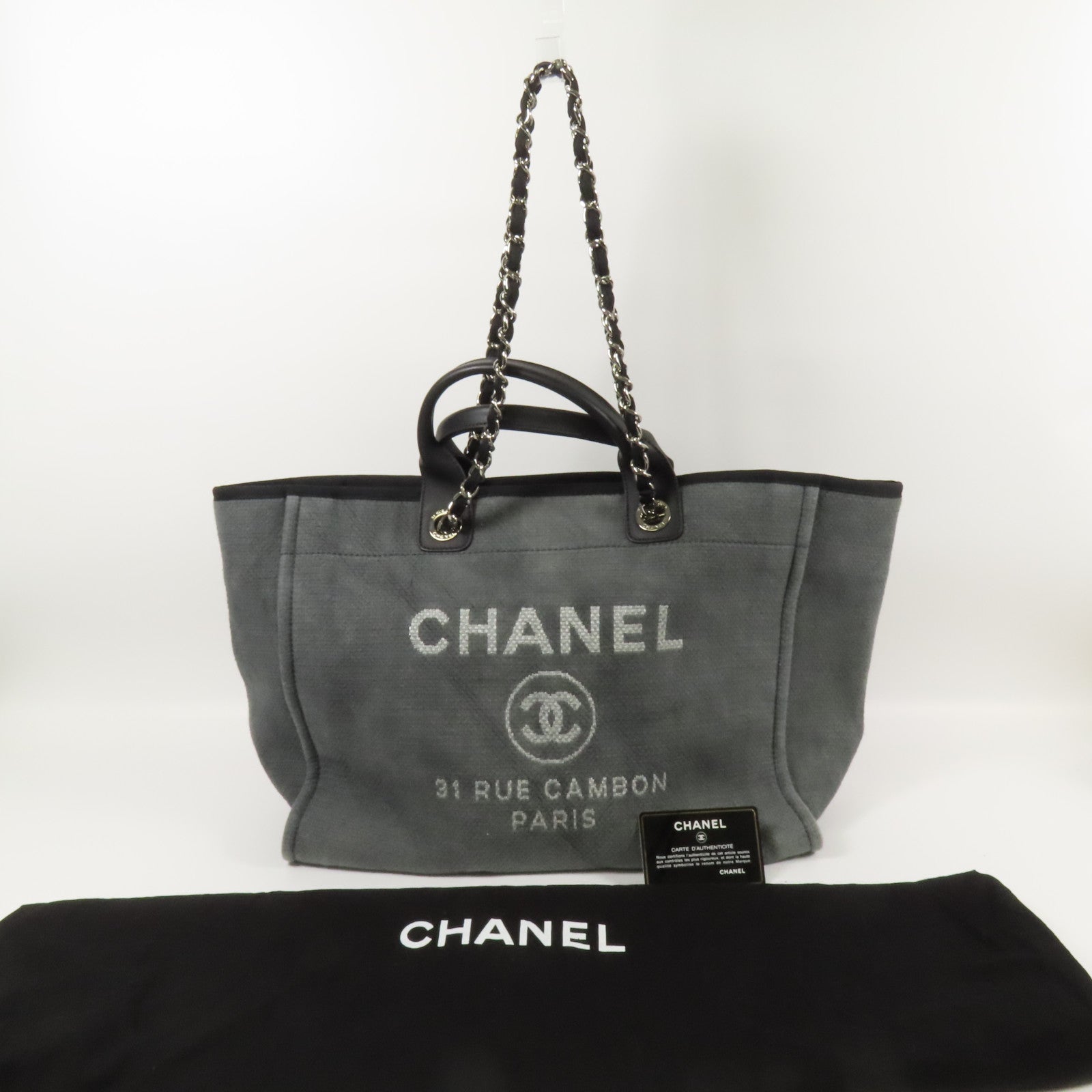 CHANEL 帆布Deauville Tote銀扣鏈帶手挽肩背兩用袋