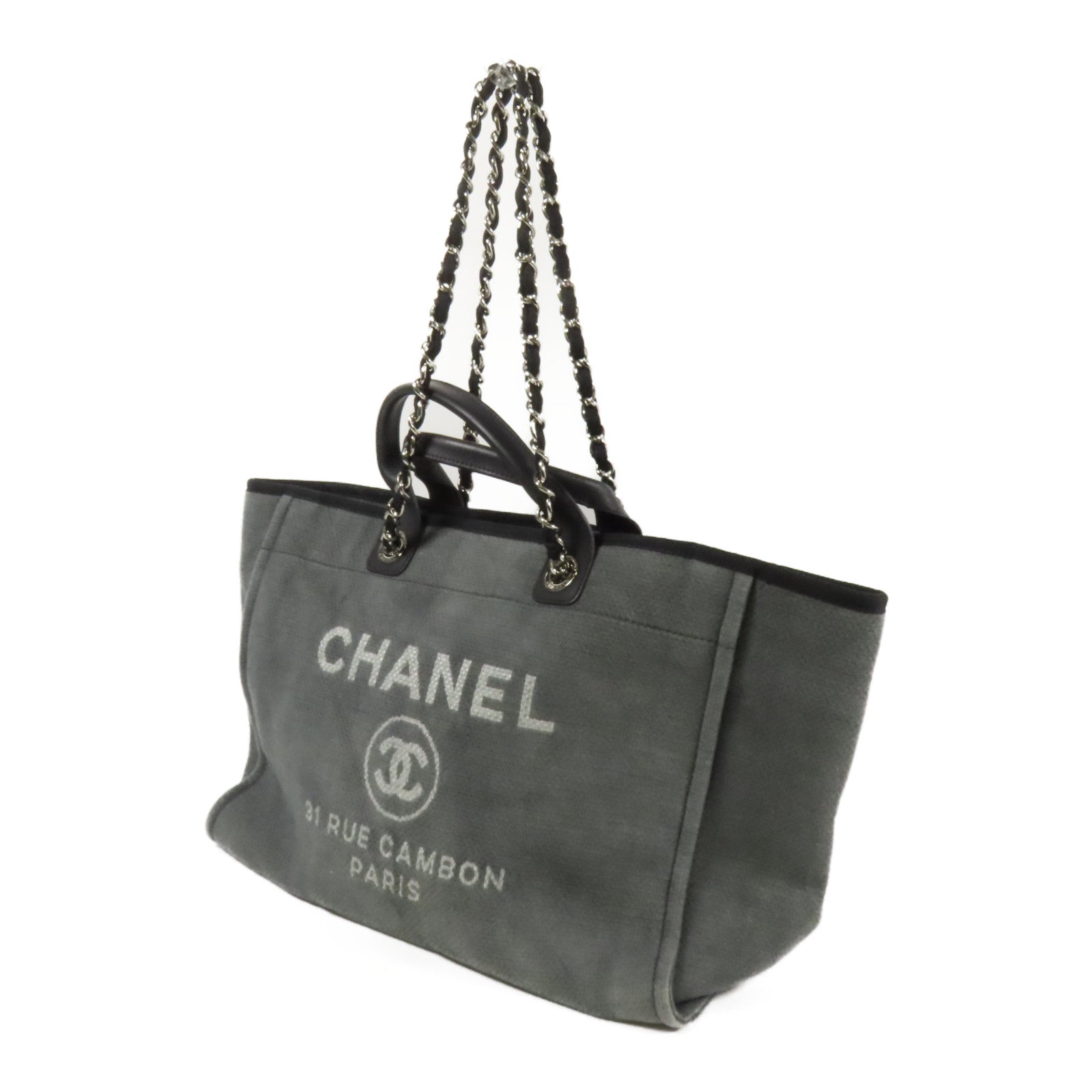 CHANEL 帆布Deauville Tote銀扣鏈帶手挽肩背兩用袋