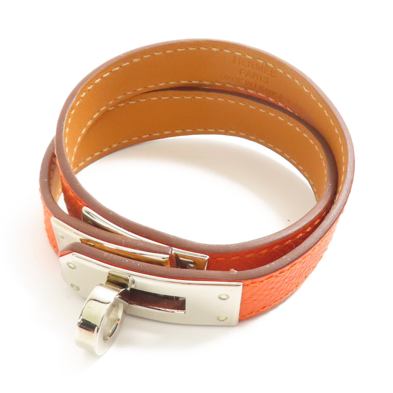 HERMES 牛皮皮革Kelly Double Tour銀扣手帶Feu