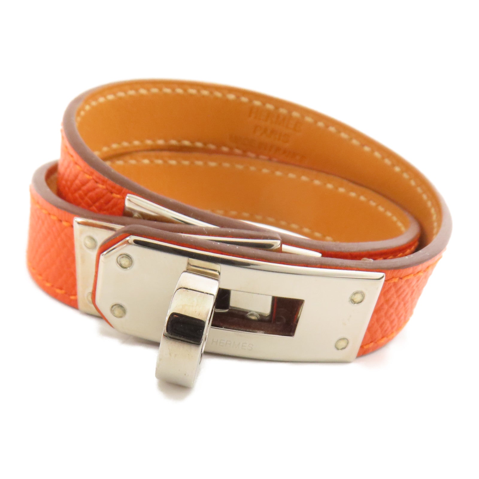 HERMES 牛皮皮革Kelly Double Tour銀扣手帶Feu