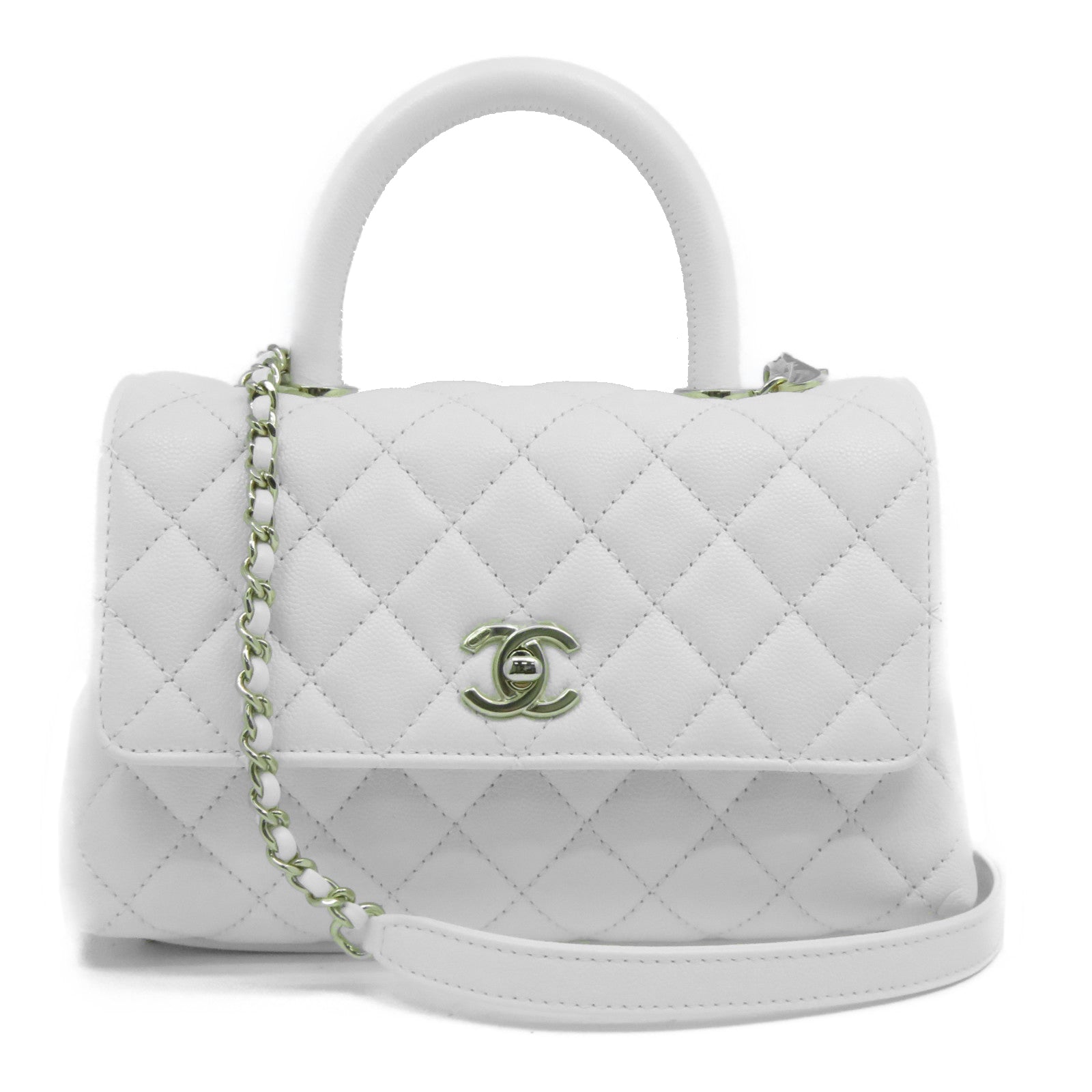 CHANEL 【激減優惠】菱格Caviar皮革Coco Handle金扣鏈帶肩背袋白色
