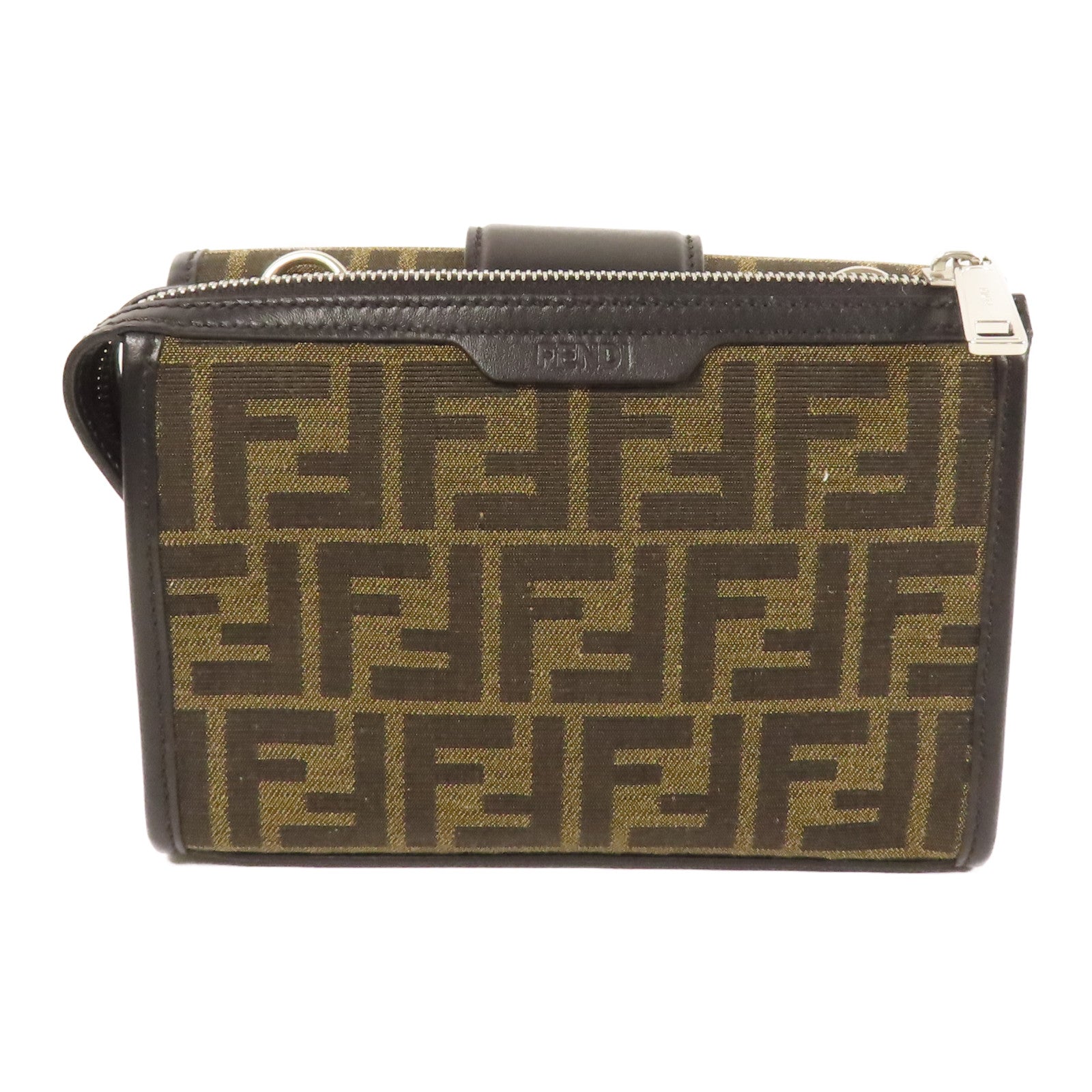 FENDI 帆布Double Baguette銀扣肩背袋棕色