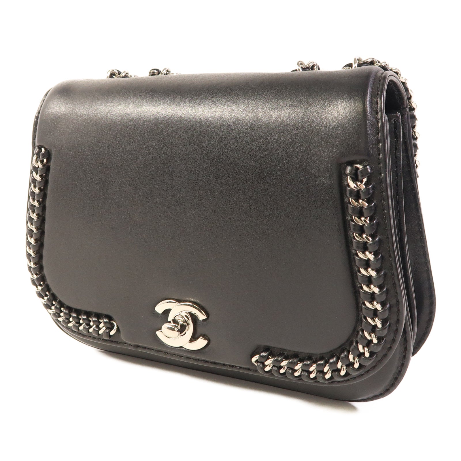 CHANEL 羊皮皮革Chain Shoulder銀扣鏈帶肩背袋